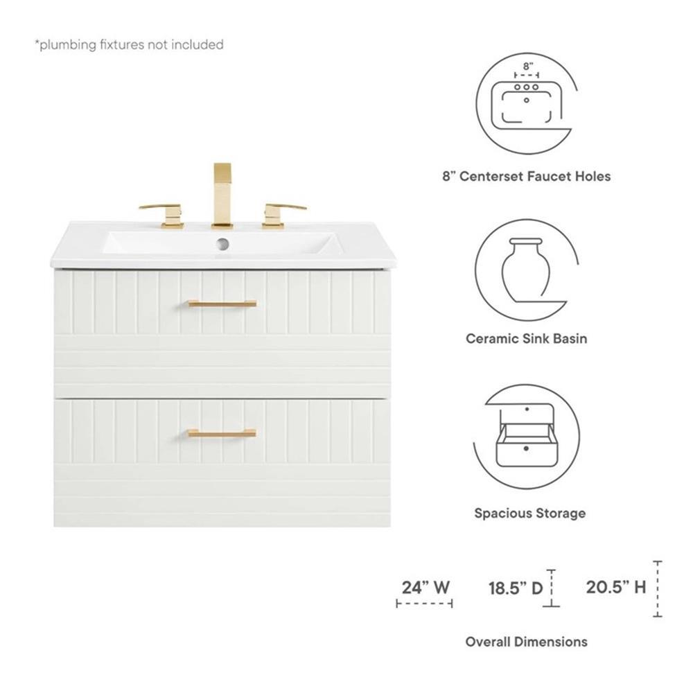 Modway Daybreak 24″ Modern Wood/Ceramic Bathroom Vanity in White