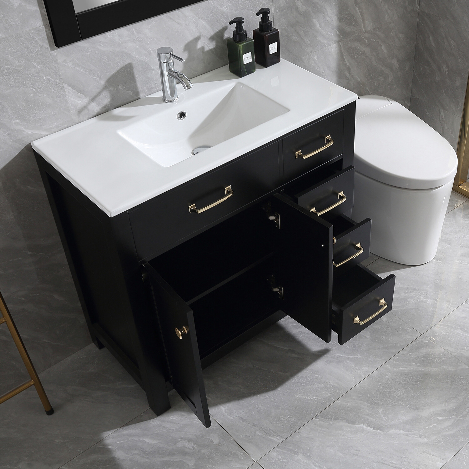 Undermount Ceramic Shaker 36″ Single Bathroom Vanity Set & Mirror Free Standing