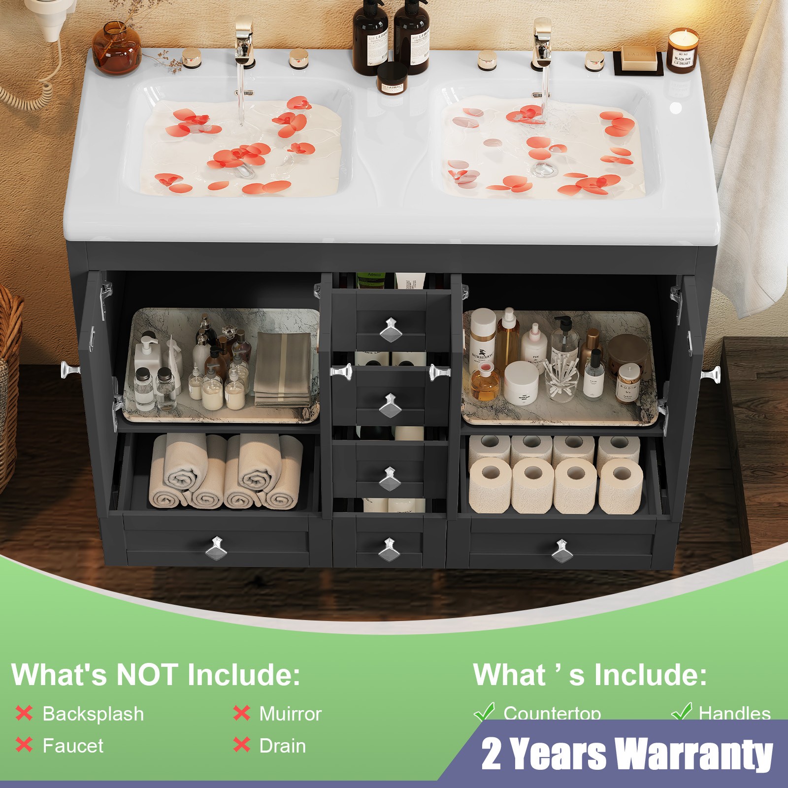 Bathroom Vanity Freestanding Double Basin Ceramic Sink Vanity Cabinet Drawers
