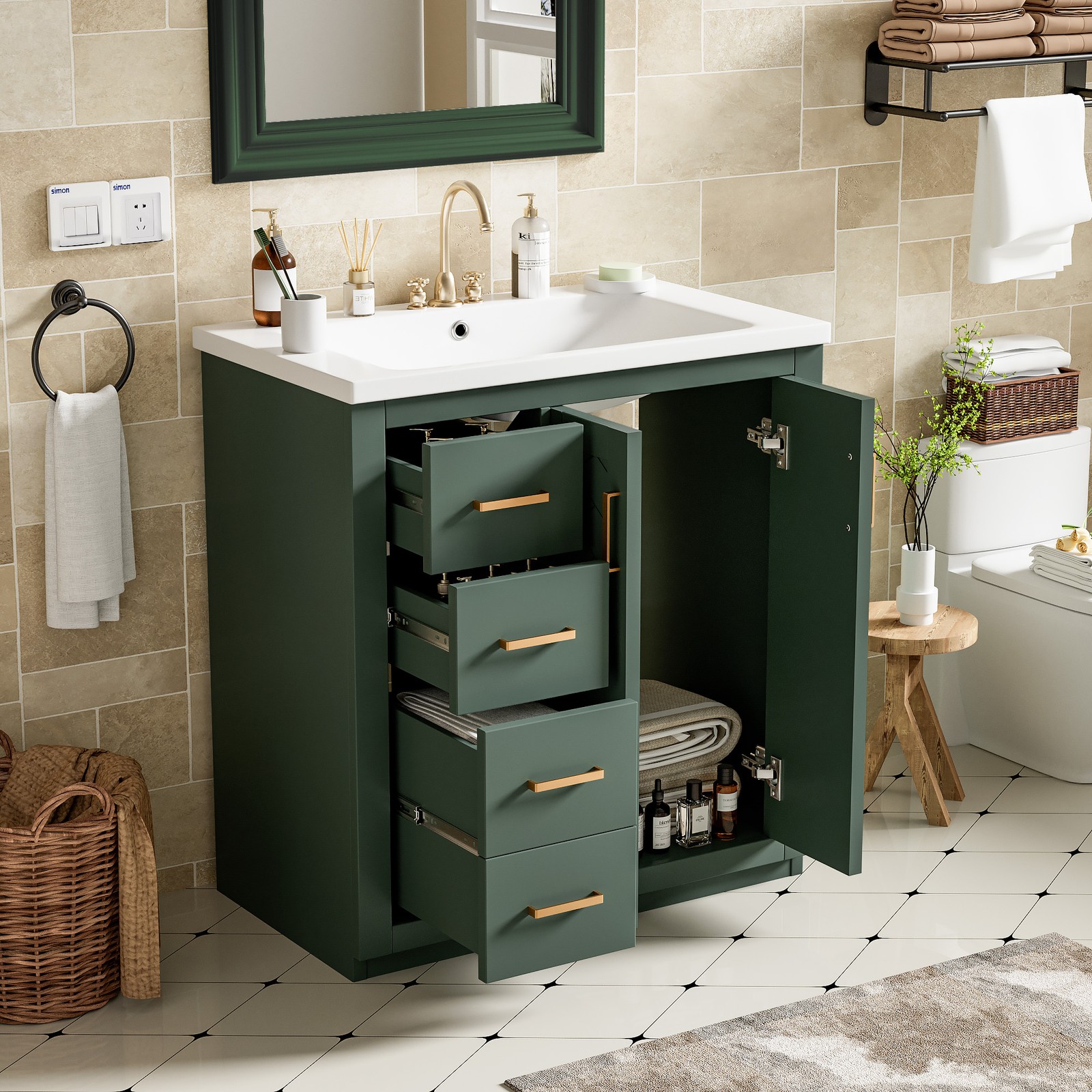 30″ Bathroom Vanity w/Ceramic Sink, 3 Drawers, Freestanding Bath Vanity Cabinet