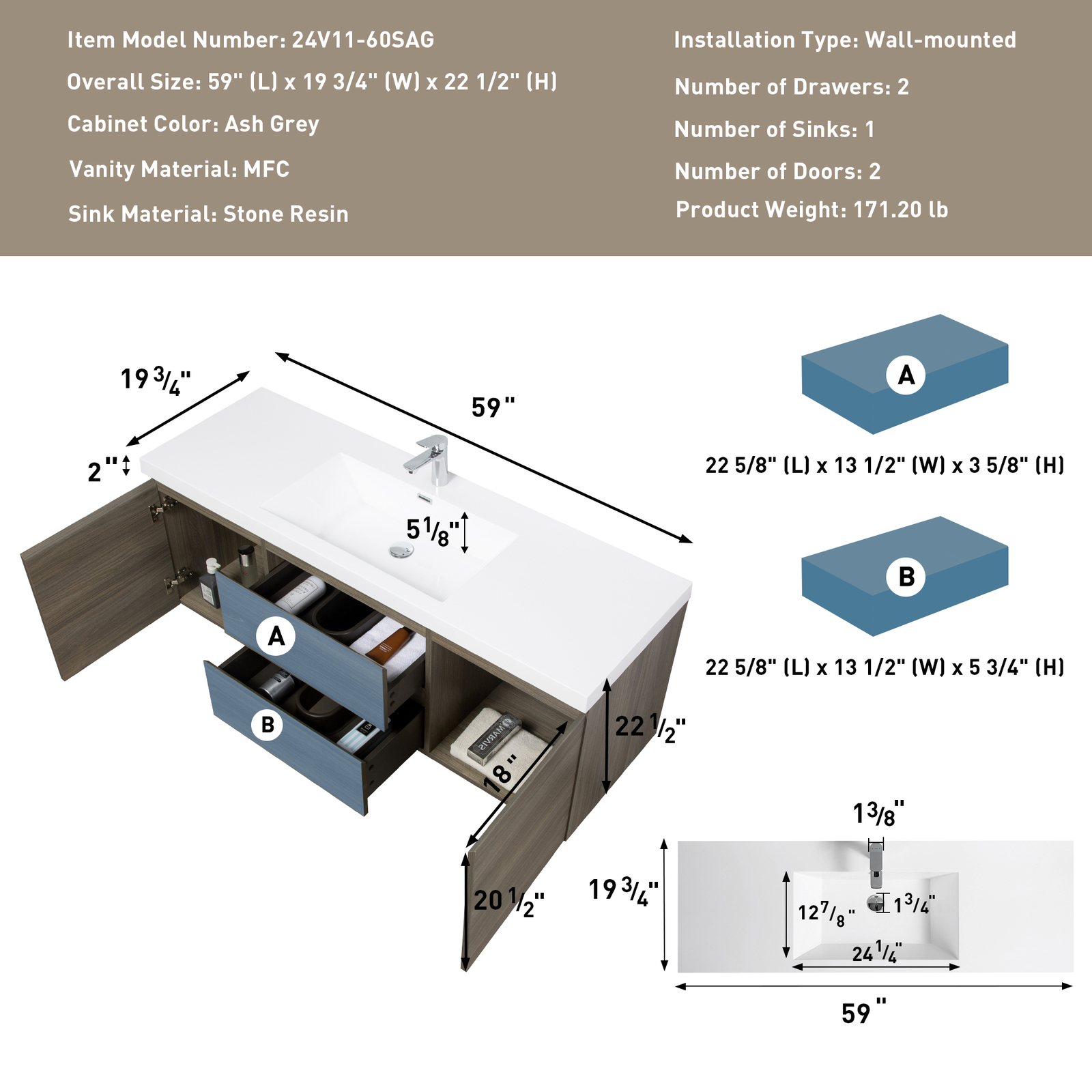 60″ Floating Wall-Mounted Bathroom Vanity with Resin Sink Drawers Doors Ash Grey