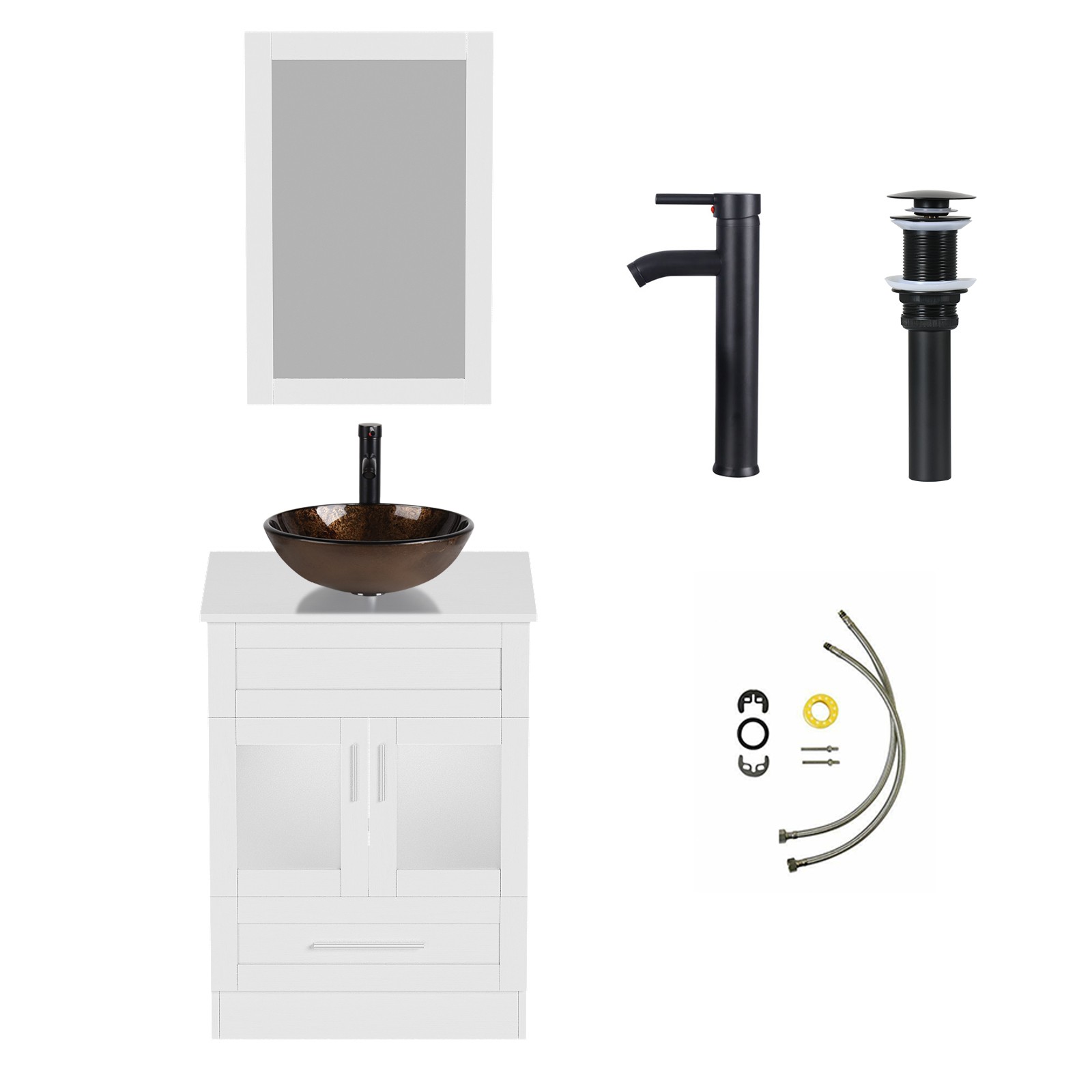 24″ Bathroom Vanity Set Glass Vessel Sink Large Wall Mirror & Faucet Included