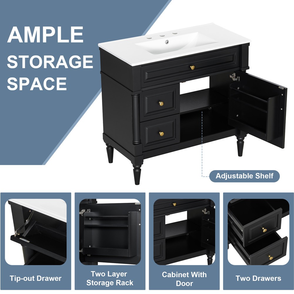 36″ Bathroom Vanity w/ Sink, Freestanding Vanity Cabinet, Door Shelf, 2 Drawers
