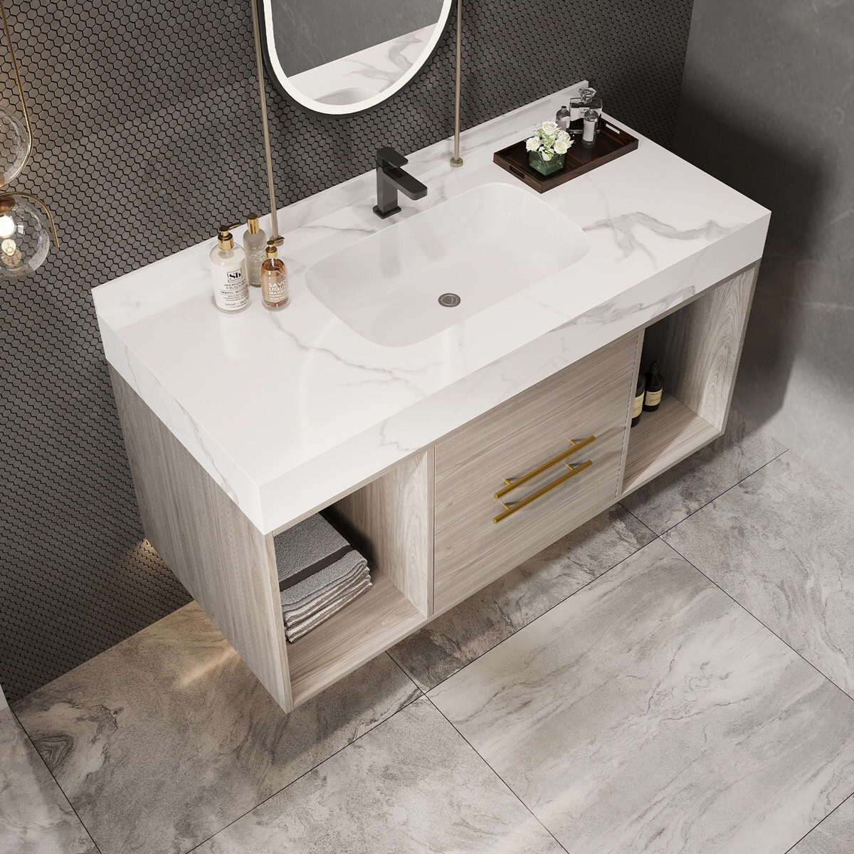 39.4″ Wall Mounted Bathroom Vanity w/ Sink, Floating Vanity Cabinet, 2 Drawers