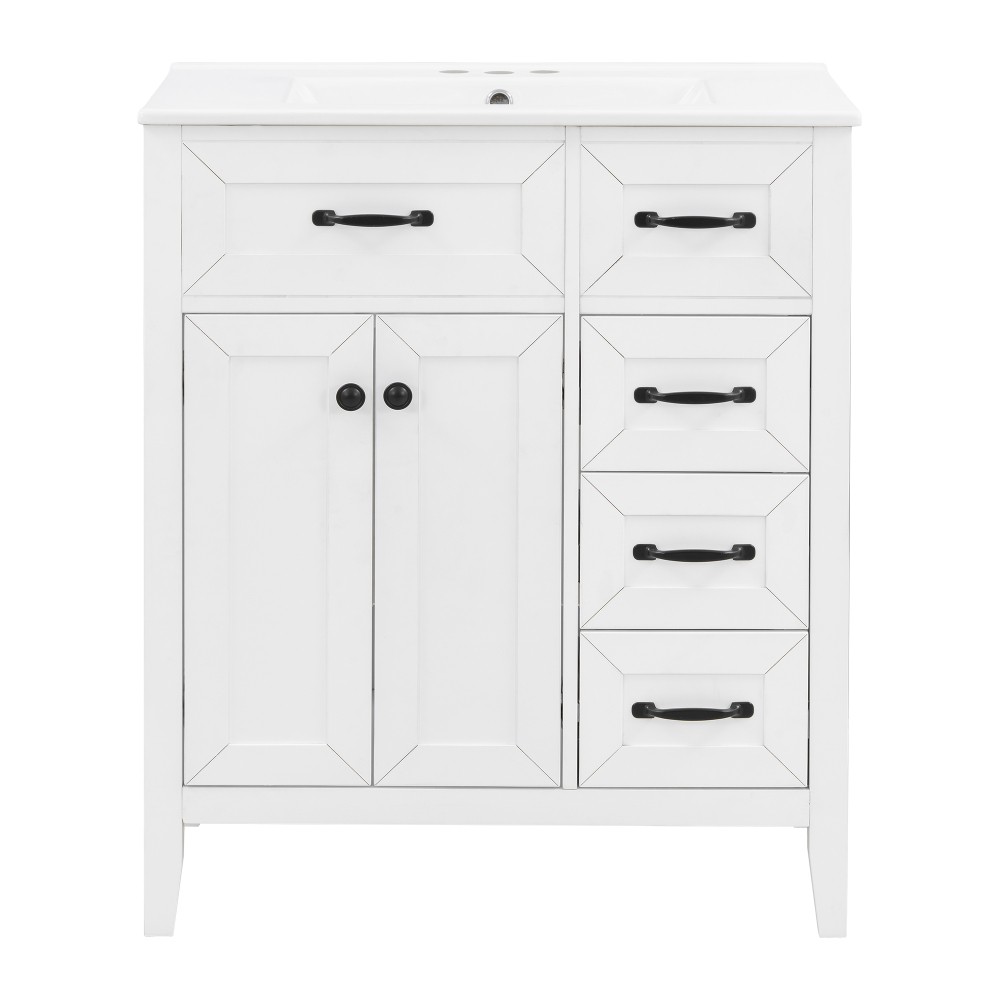 30″ White Bathroom Vanity with Ceramic Sink Freestanding Vanity with Black Metal