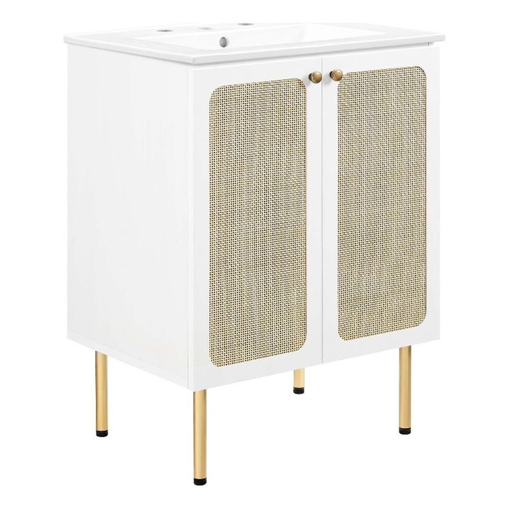 Pemberly Row 24″ Wood & Rattan Bathroom Vanity with Adjustable Shelf in White