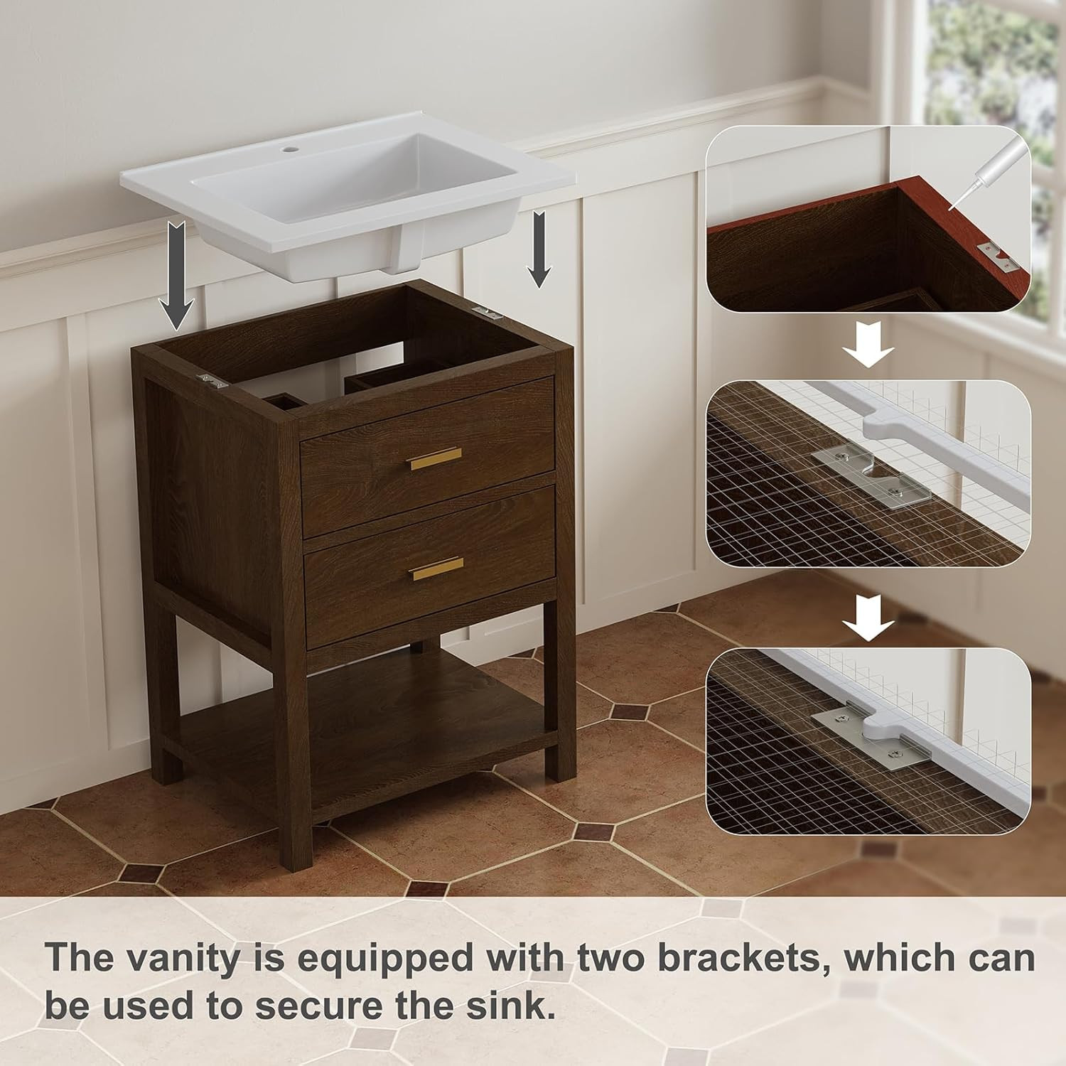 24 Inch Bathroom Vanity with Sink, Farmhouse Storage Cabinet with Drawers & Open
