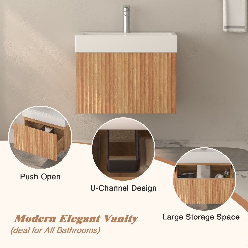 24in Wall Mounted Floating Bathroom Vanity Sink Integrated Basins Acacia Plywood
