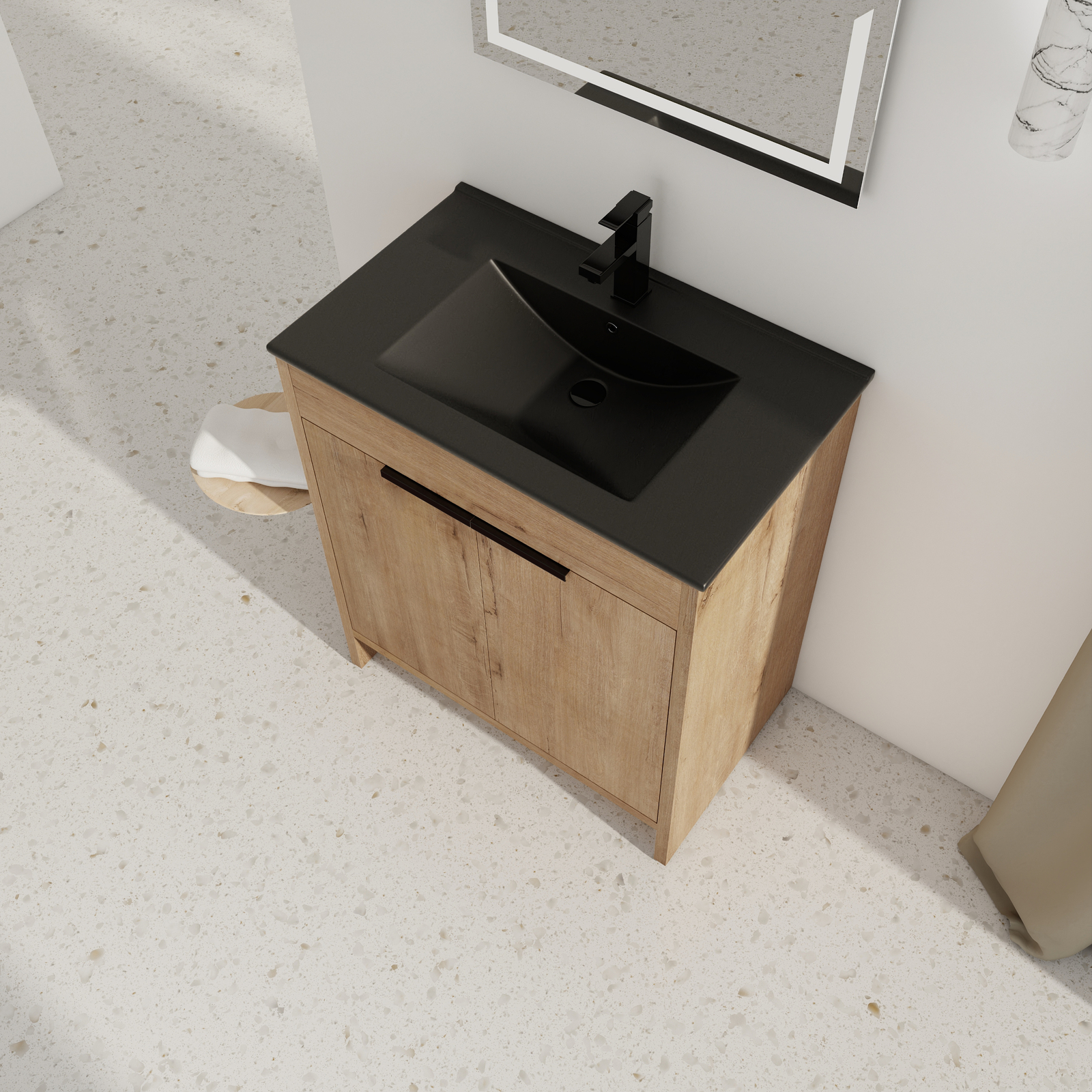 30″ Plywood Freestanding Bathroom Vanity Cabinet W/ Black Sink Soft-Close Door