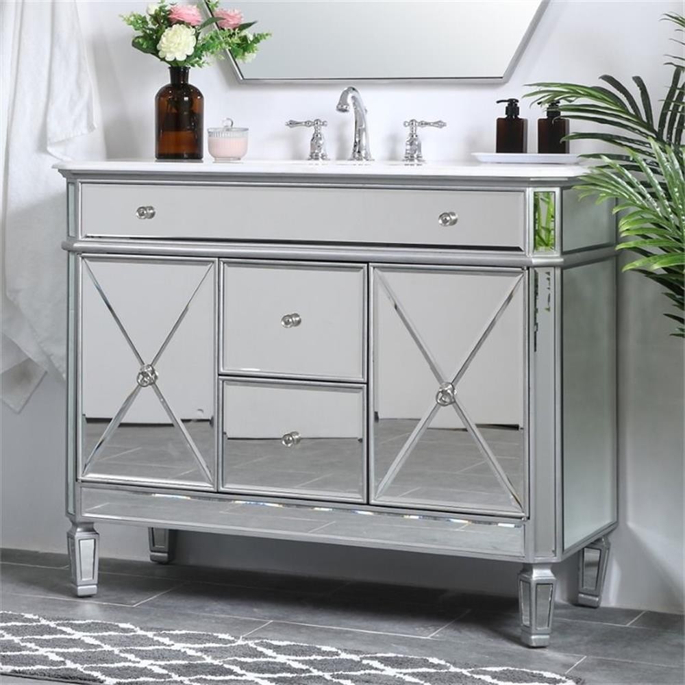 Elegant Decor Camille 42″ Single Marble Top Mirrored Bathroom Vanity in Silver