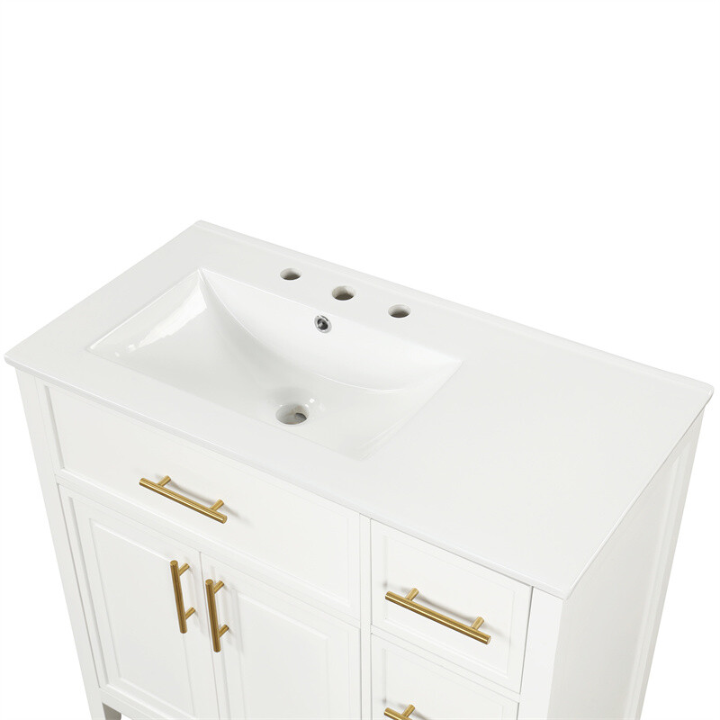 36″ White Bathroom Vanity w/Ceramic Sink Bathroom Cabinet w/2 Doors & 3 Drawers