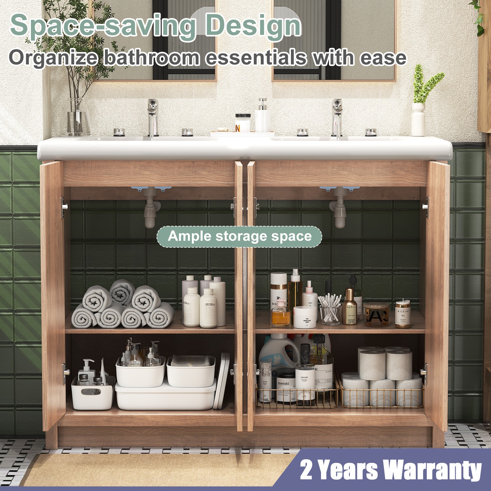 47″ Large Bathroom Vanity Double Ceramic Sink Freestanding Cabinet Storage