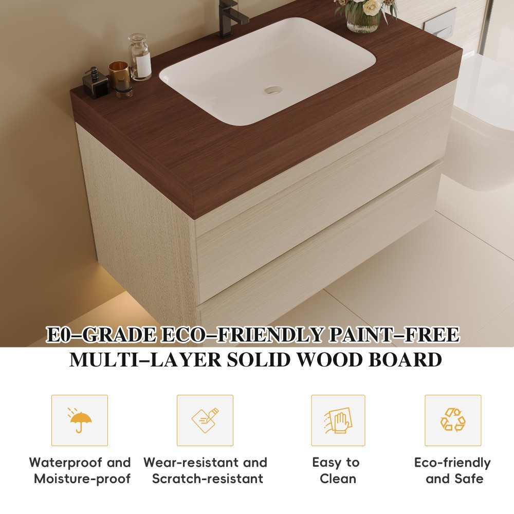 29.9″ Floating Bathroom Vanity with Marble Top & Undermount Sink, Wall-Mounted