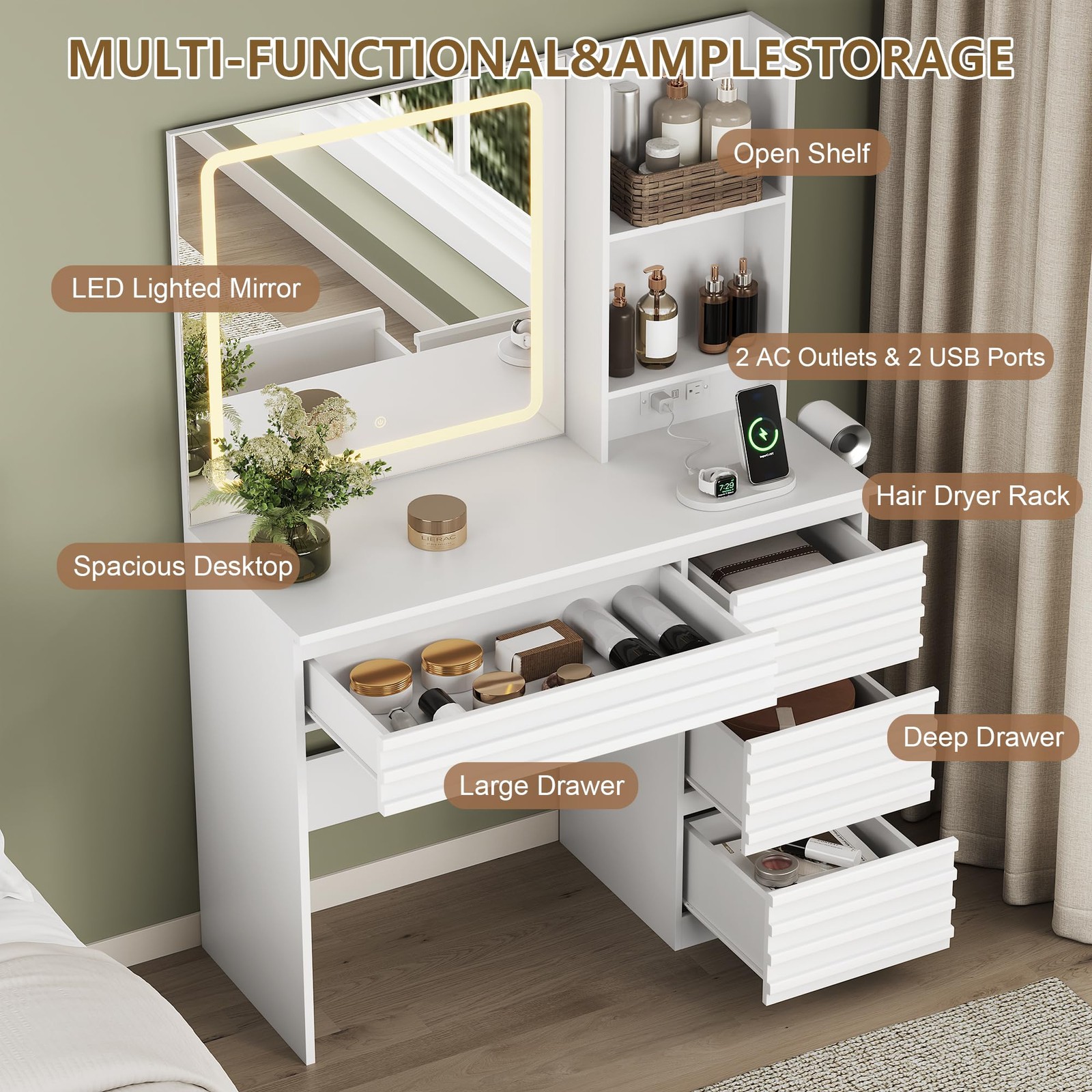 White Makeup Vanity Desk with LED Lighted Mirror 4 Drawers Power Outlet