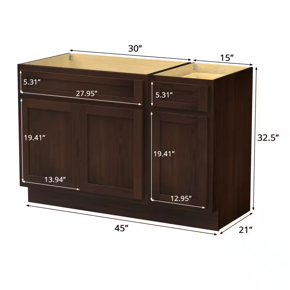 45 In. W X 21 In. D X 32.5 In. H Bath Vanity Cabinet without Top in Brown (Unass
