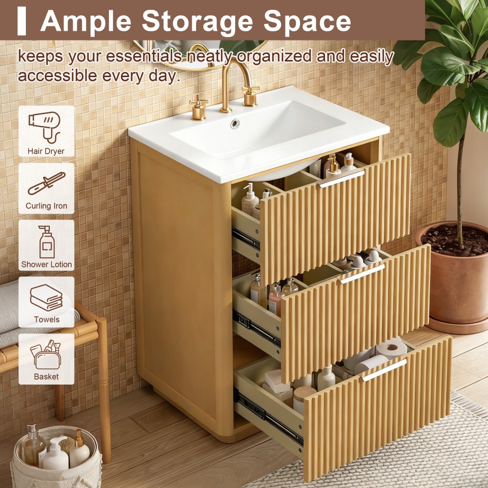 24 inch Modern Luxury Bathroom Vanity with Ceramic Sink, Open Shelf and Storage