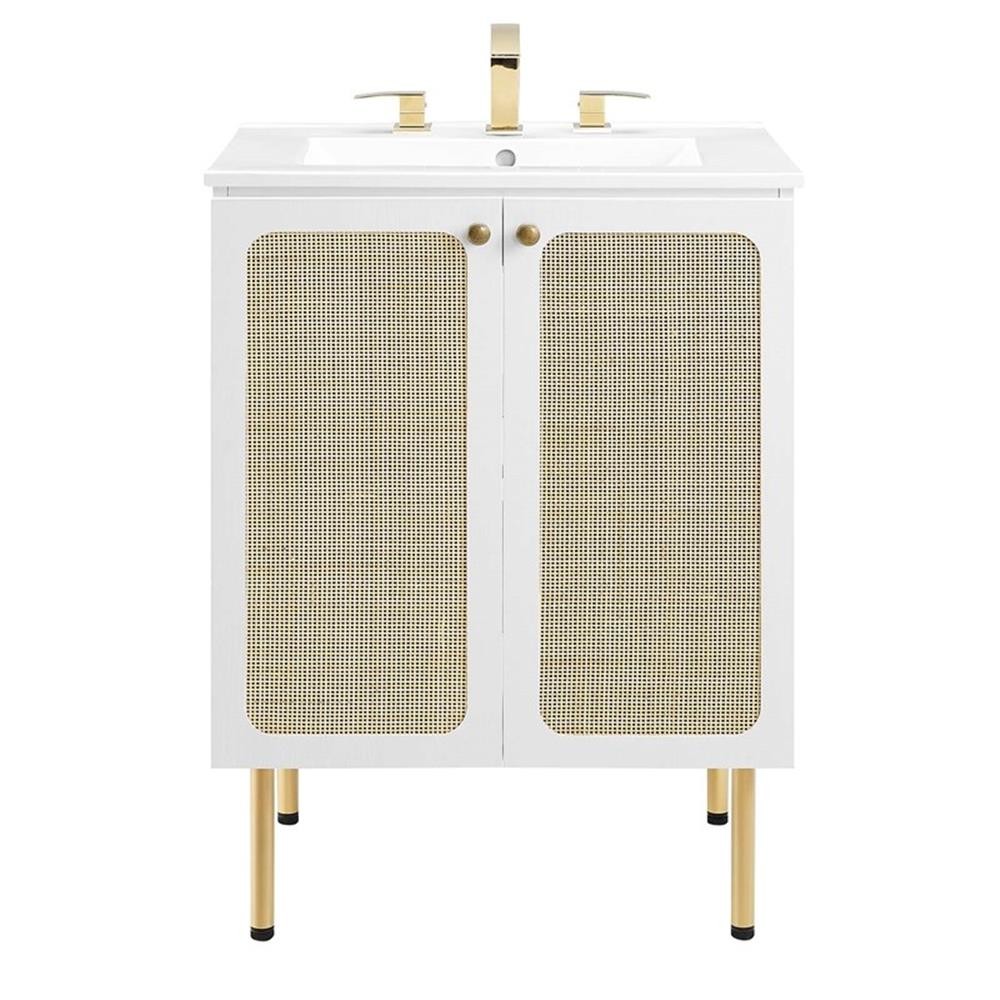 Pemberly Row 24″ Wood & Rattan Bathroom Vanity with Adjustable Shelf in White