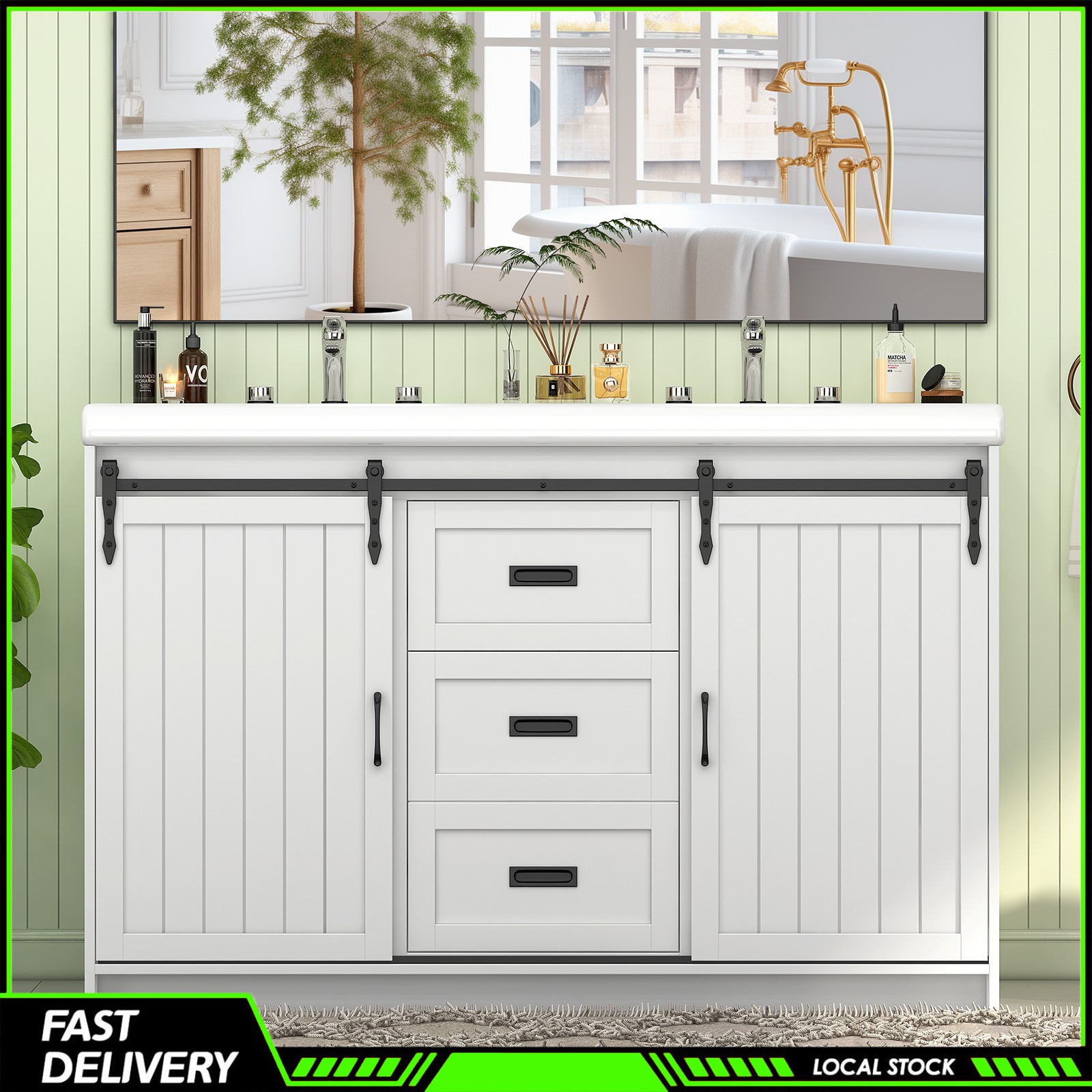 47″ Freestanding Bathroom Vanity w/ Double Ceramic Sink &2 Drawers Storage Space