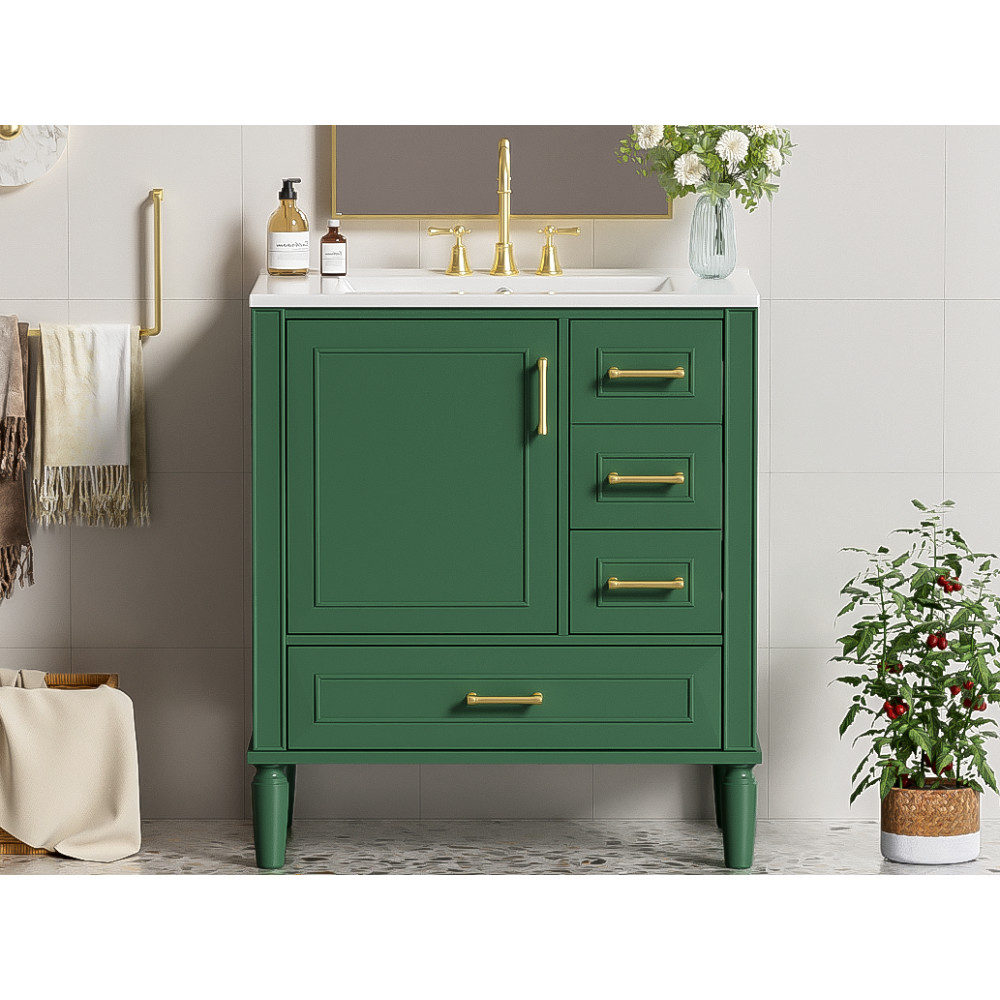30″ Green Bathroom Vanity Ceramic Sink Soft Close Door 3 Drawers Storage Cabinet