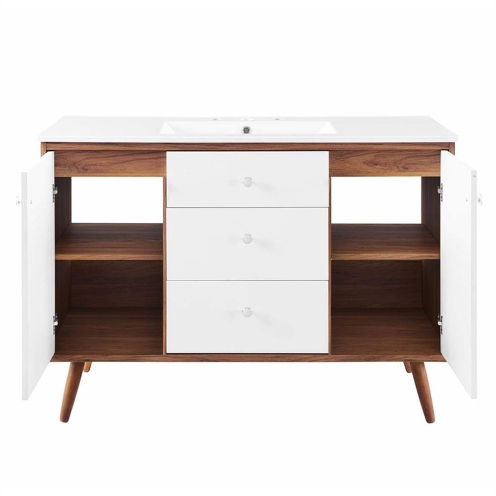 Pemberly Row 47″ Modern Wood Single Sink Bathroom Vanity in Walnut/White