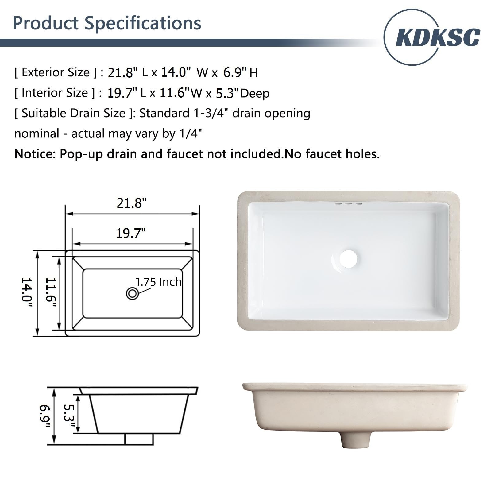 22 Inch Undermount Bathroom Sink Rectangular Undermount Sink White Ceramic Un…