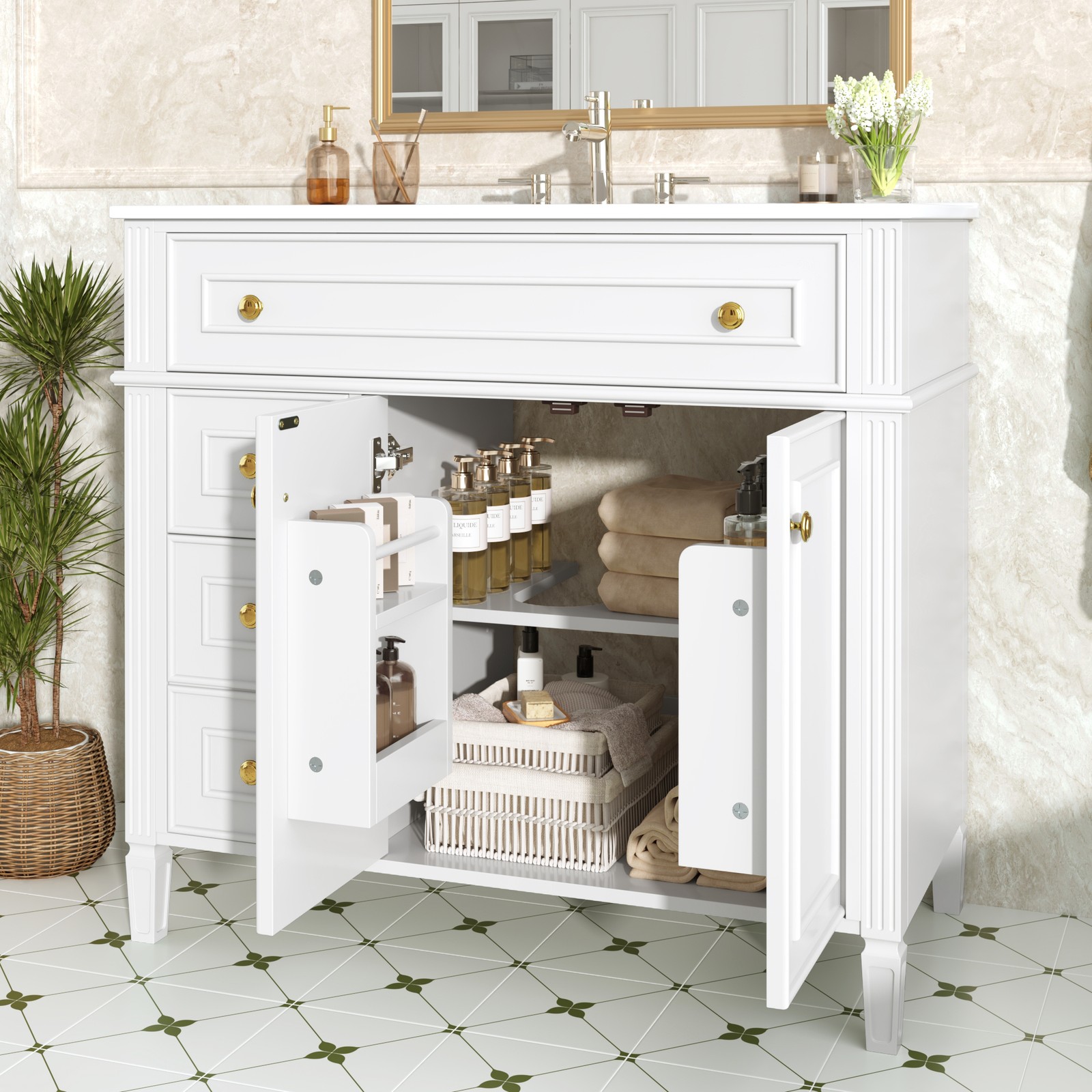 White 36 Inch Bathroom Vanity with Sink, Solid Wood Cabinet, Gold Handles