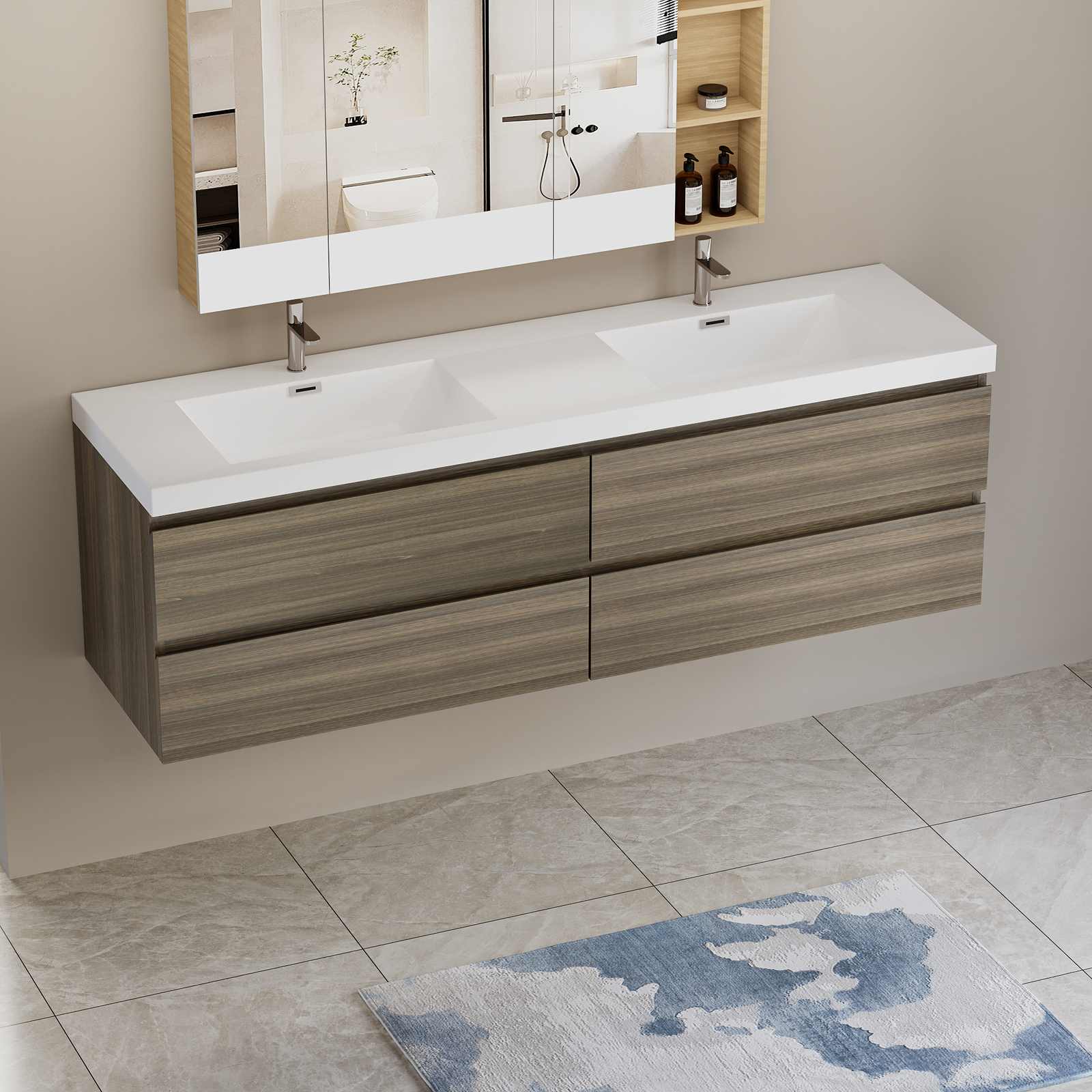 72 in Floating Wall-Mounted Bathroom Vanity W/ Resin Double Sink 4 Drawers Gray