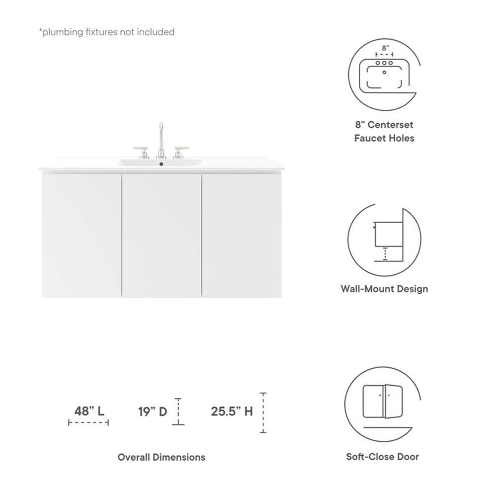 Modway Bryn 48″ Modern Wood/Ceramic Wall-Mount Bathroom Vanity in White