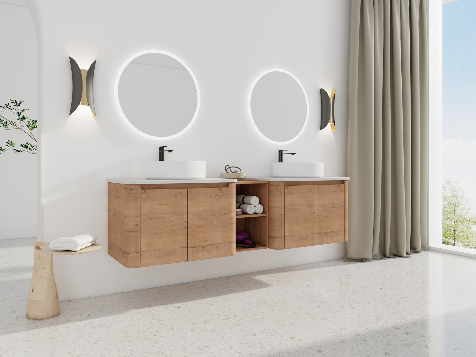 72” Wall-Mounted Bathroom Vanity Double Ceramic White Vessel Sink 4 Doors Wood