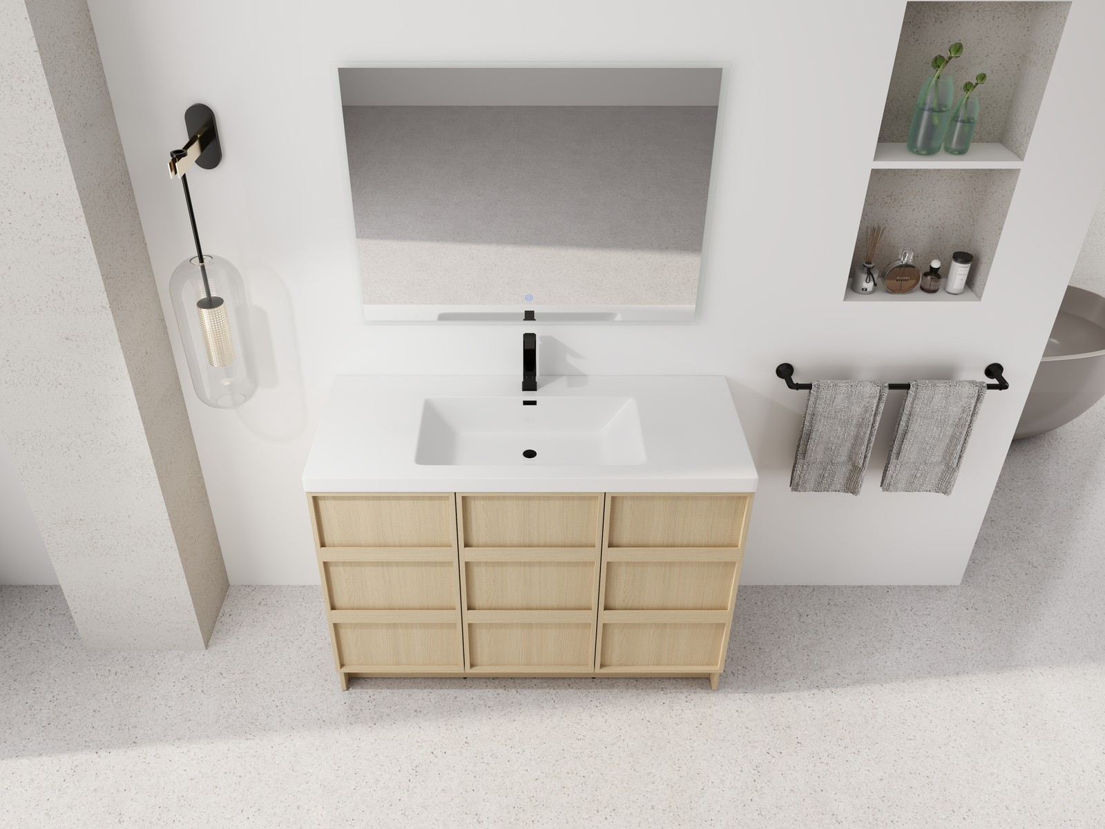 48 Inch Plywood Freestanding Bathroom Vanity Cabinet 3 Doors With Resin Sink Oak