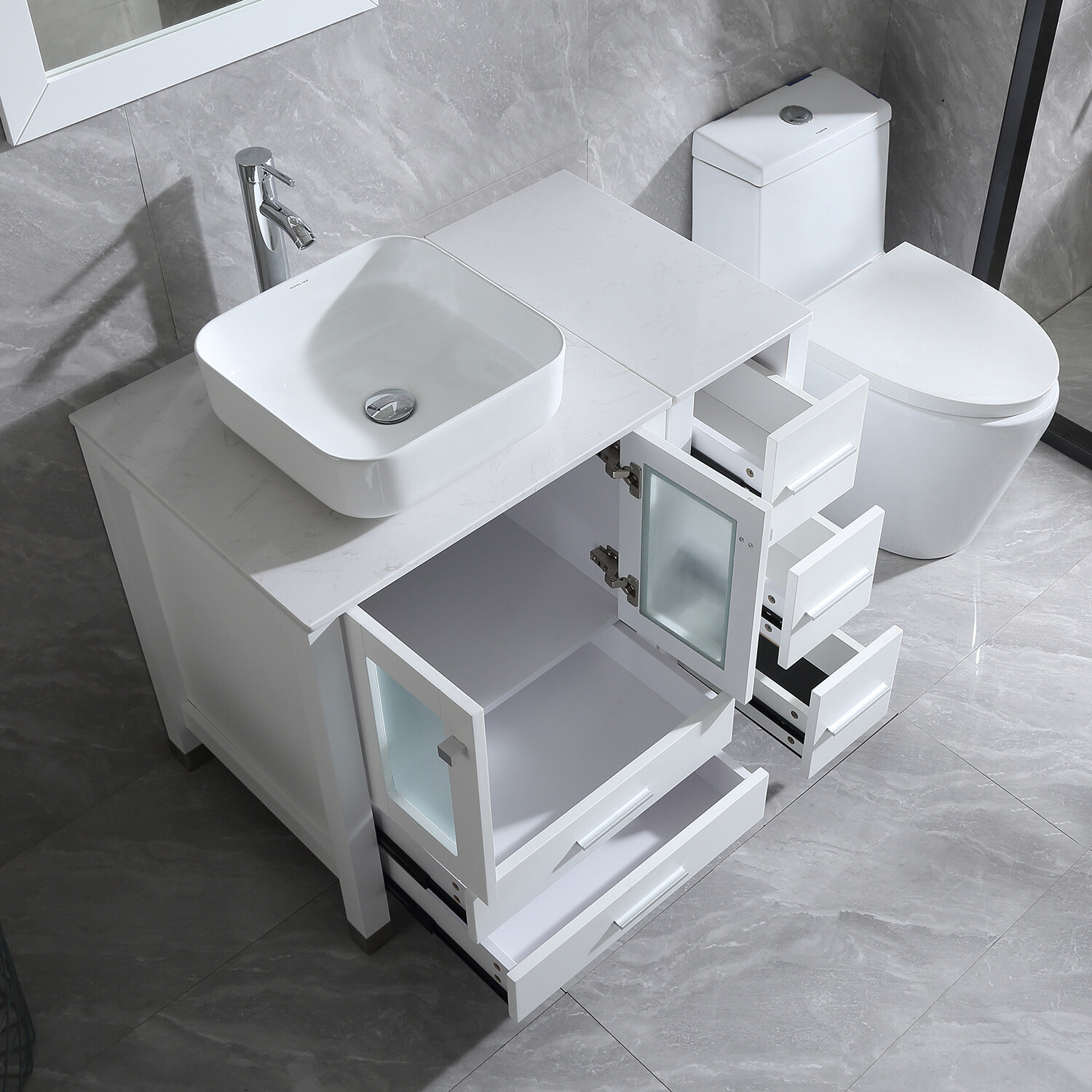 36″ inch Single Sink Bathroom Vanity Set w/Ceramic Vessel Sink Faucet & Mirror