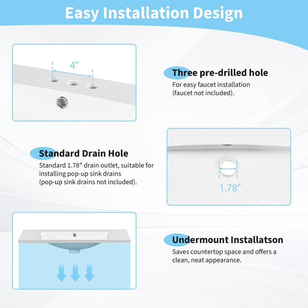 36×18″ Rectangular 3 Hole Bathroom Resin Sink, Vanity Top Sink Only