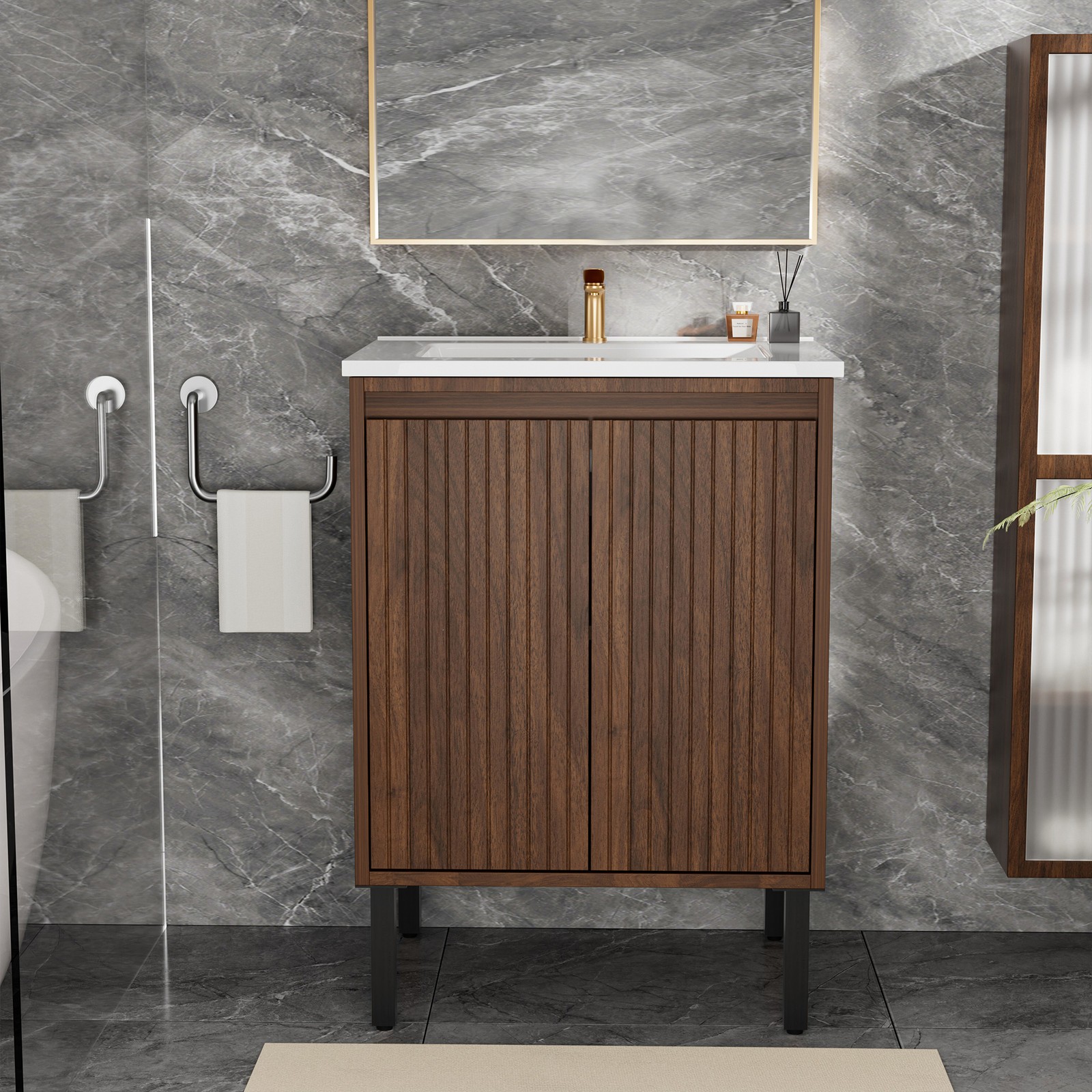 24″ Bathroom Vanity with White Sink Oak Finish Floor Standing