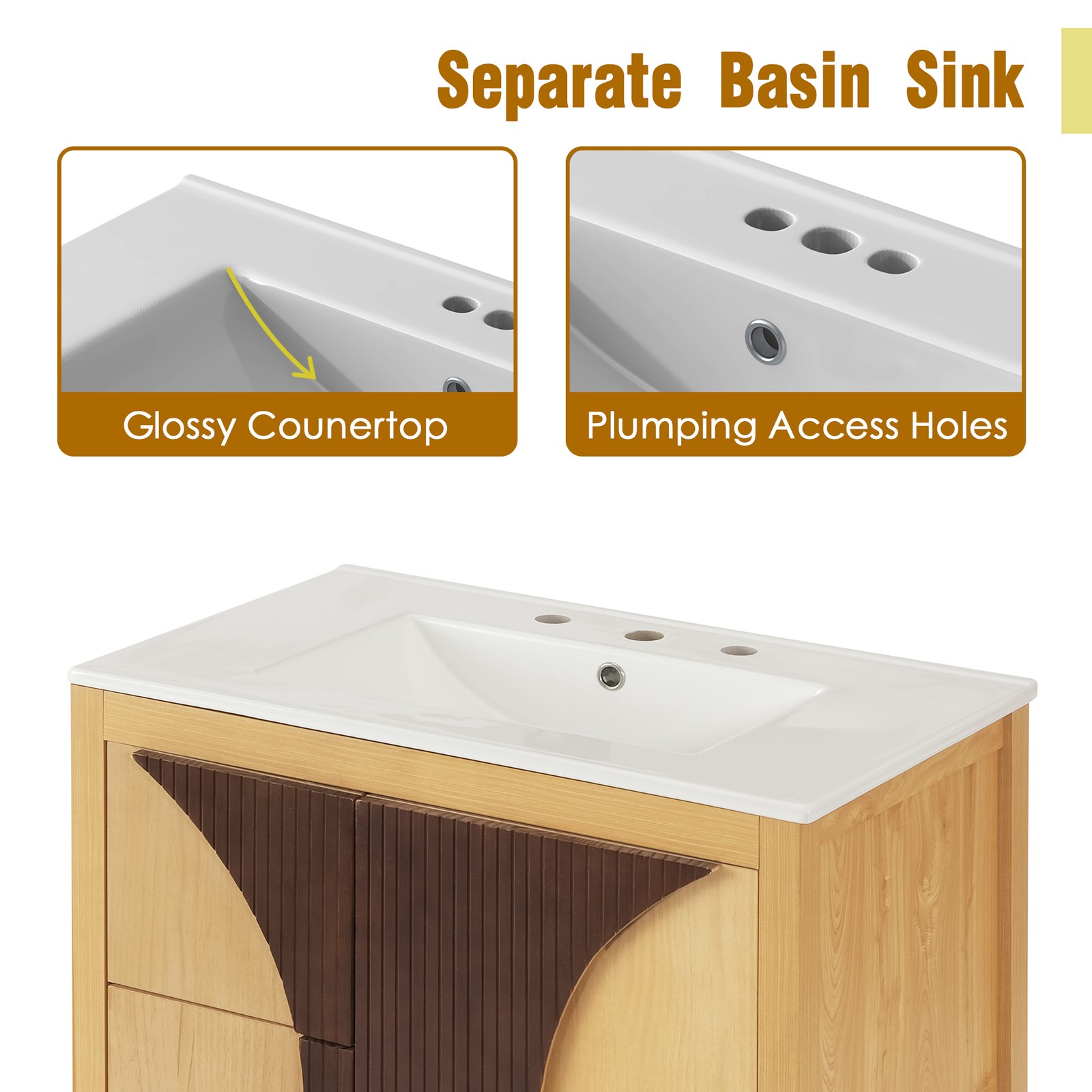 30″ Bathroom Vanity with Sink, Solid Wood & MDF, 3 Drawers, Soft-Close