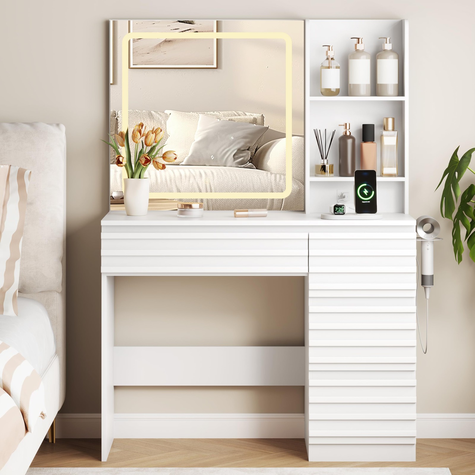 White Makeup Vanity Desk with LED Lighted Mirror 4 Drawers Power Outlet