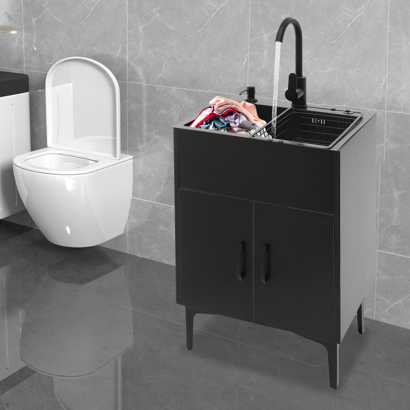 Bathroom Vanity Cabinet Storage with Sink Combo with Drawers and Shelves Black