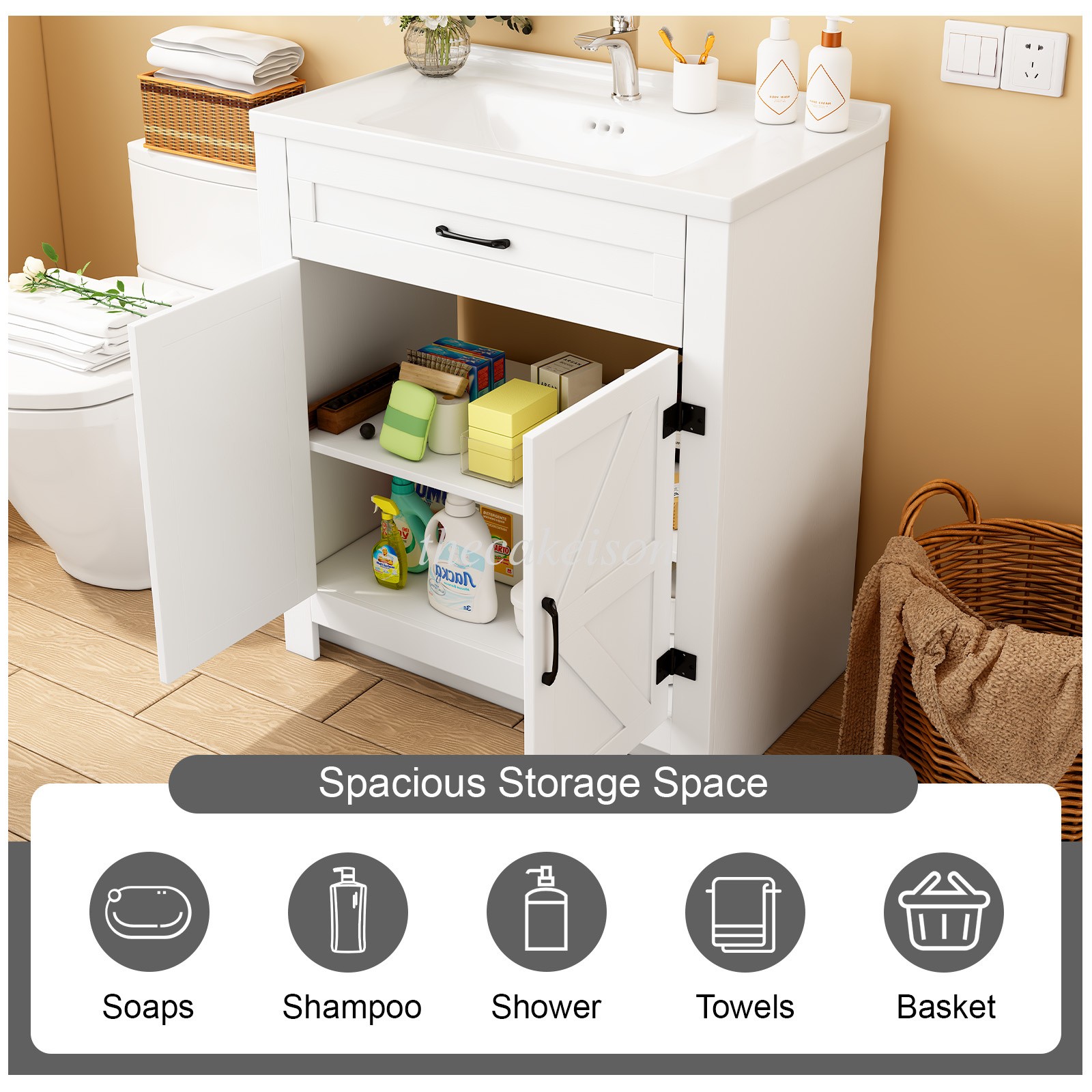 31″ Ceramic Sink Storage Bathroom Vanity Bathroom Cabinet Space with 2 Doors