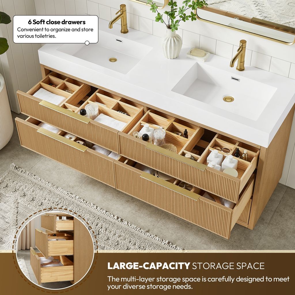 Hohhot 60″ Double Bath Vanity in Washed Ash Grey with White Stone Top