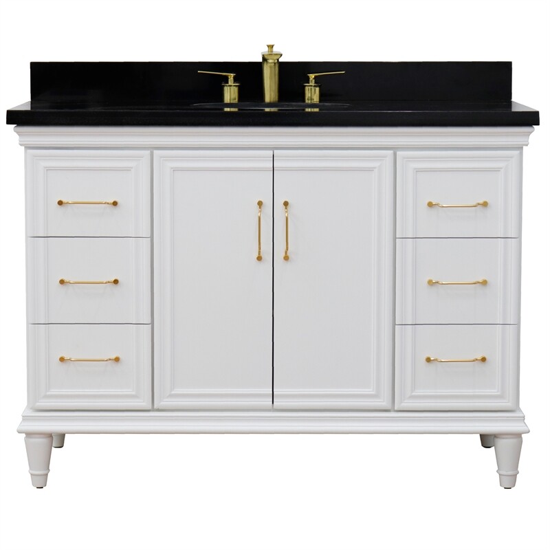 49 in. Single Wooden Vanity White with Black Galaxy Granite Oval Sink