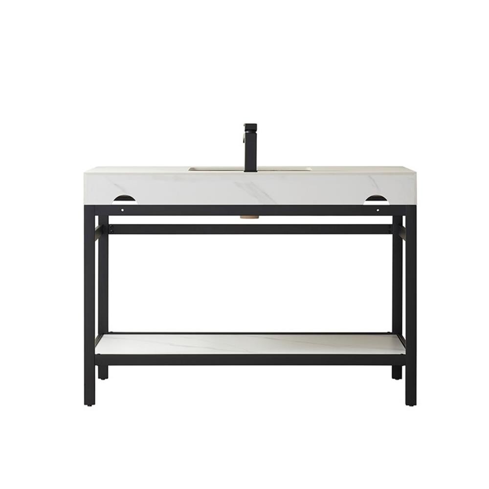 Funes 48″ Single Sink Bathroom Vanity in Matte Black Frame White Top w/ Mirror