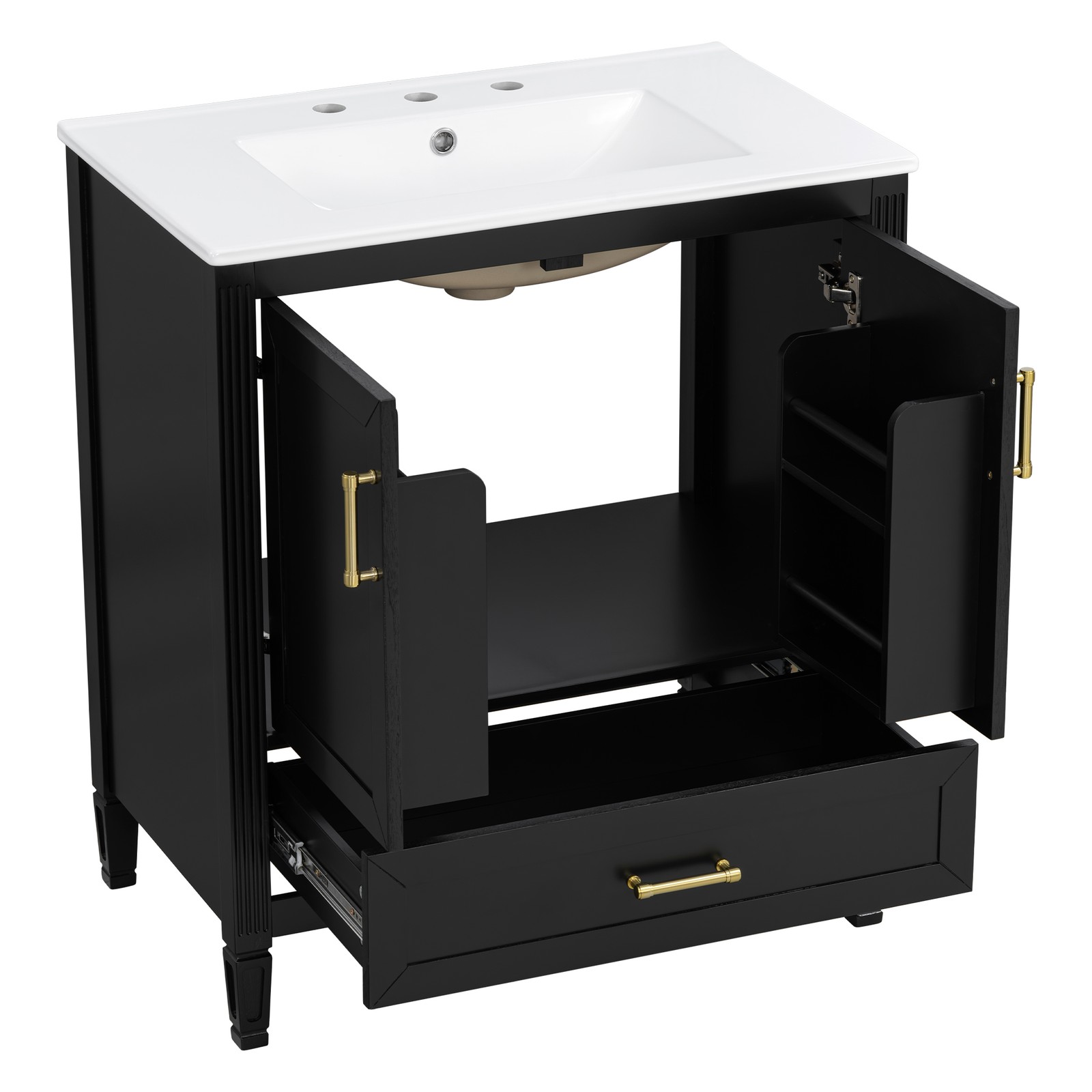 30 Inch Black Fluted Bathroom Vanity with Ceramic Sink, Soft-Close