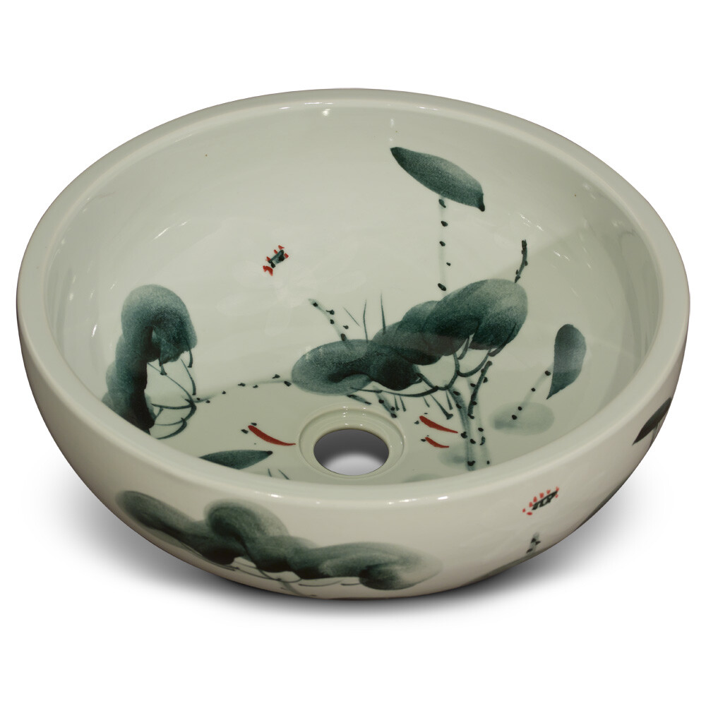 US Seller – Porcelain Lotus Koi Pond Motif Oriental Basin