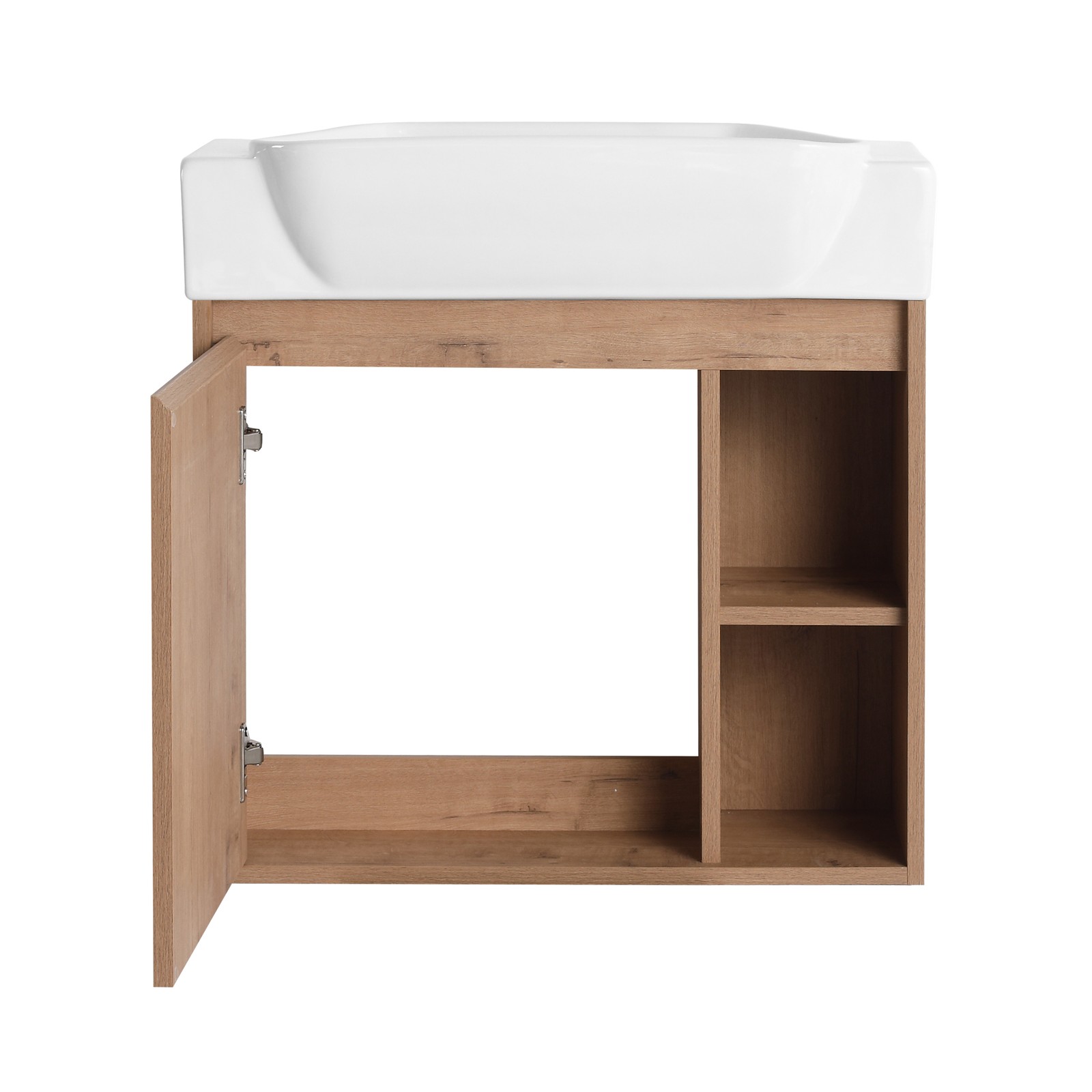 24in Plywood Wall-Mounted Bathroom Vanity W/ Ceramic Sink Basin Door Shelf Oak