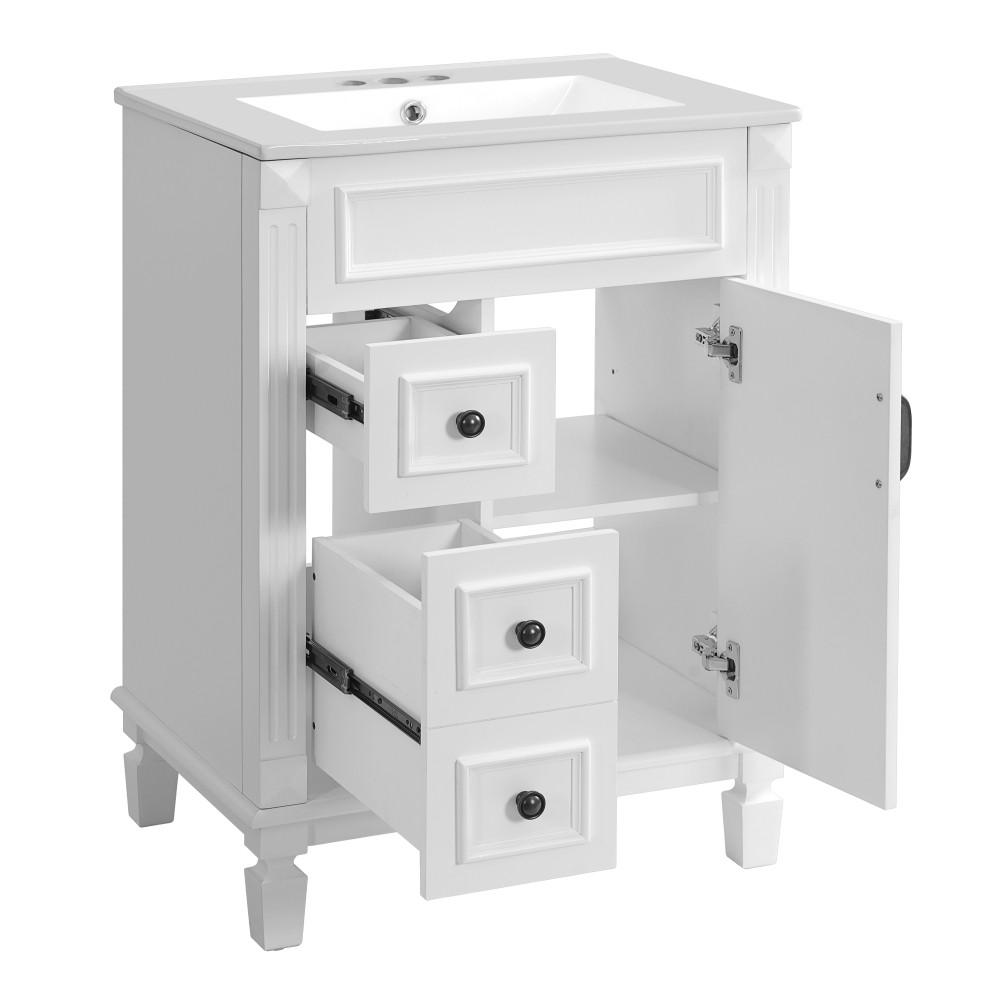 Bathroom vanity W ceramic sink Features two drawers Includes adjustable shelves