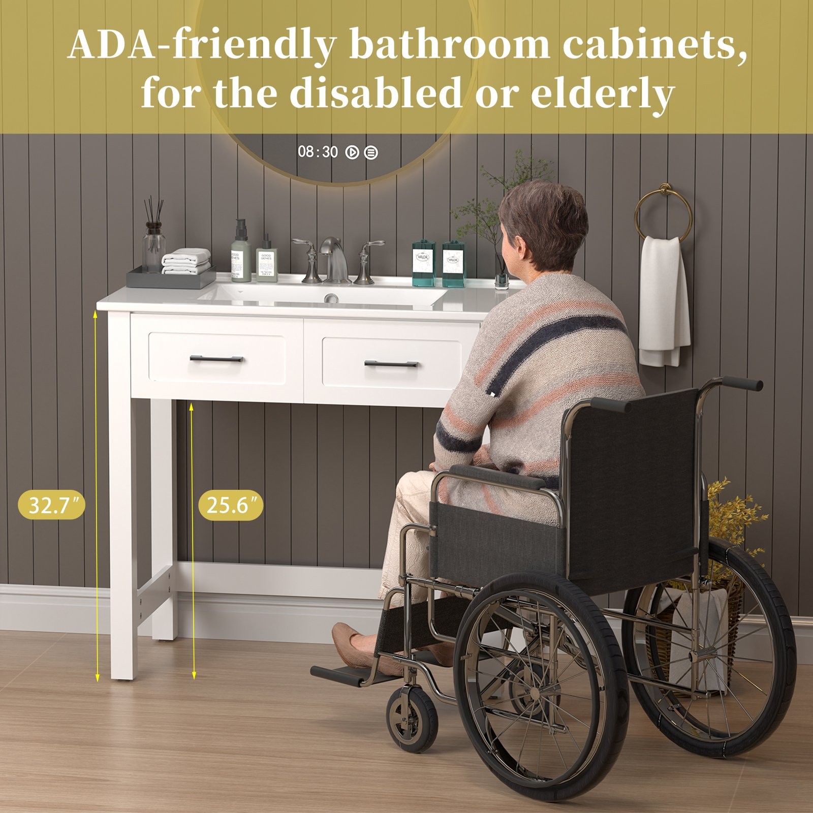 36″ White Bathroom Vanity with a Tip-out Drawer & Ceramic Sink for Elderly