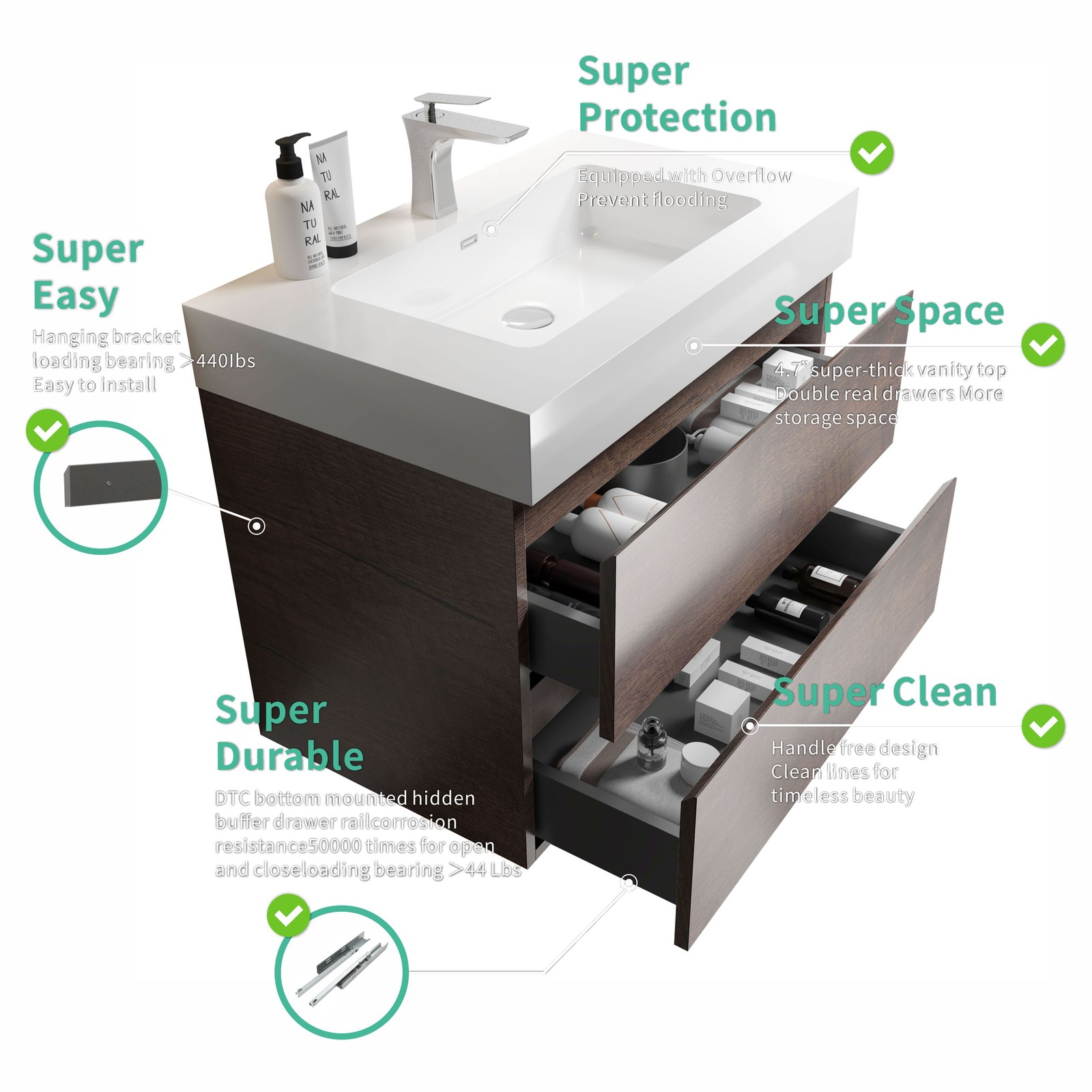 30″ Walnut Bathroom Vanity with Sink Wall Mounted Floating Design White Basin