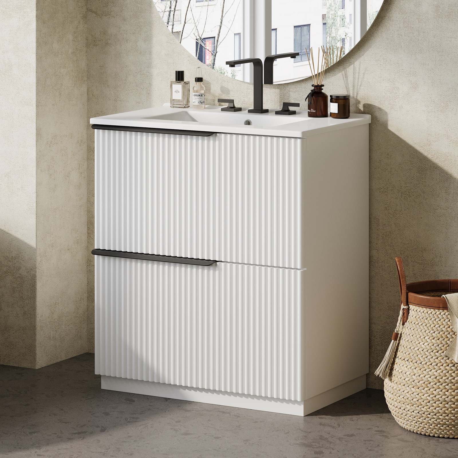 30″ Bathroom Vanity with Ceramic Sink & Soft Close Drawers, White