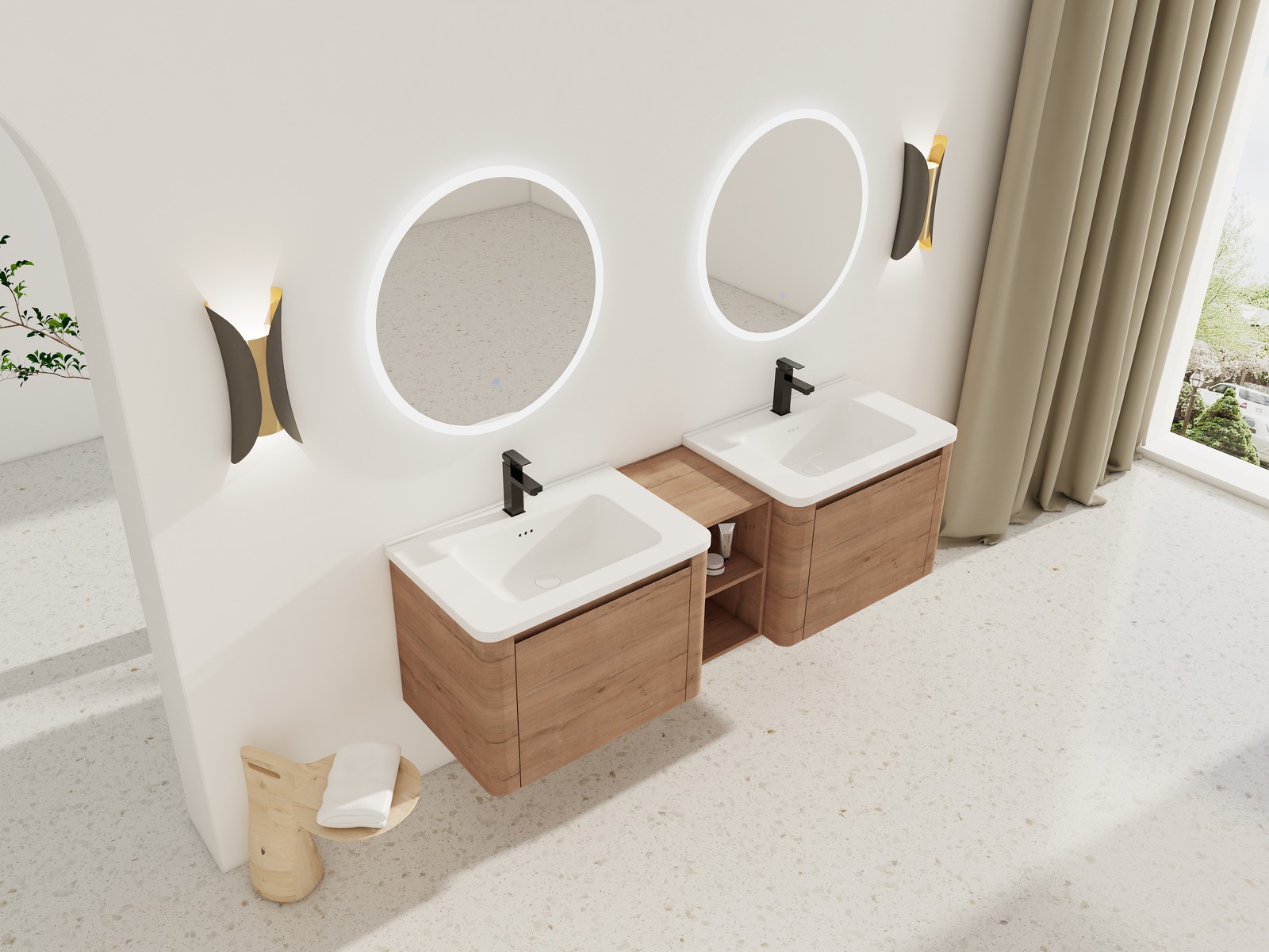 68in Wall-Mounted Bathroom Vanity W/ Double White Ceramic Basin Shelves Plywood