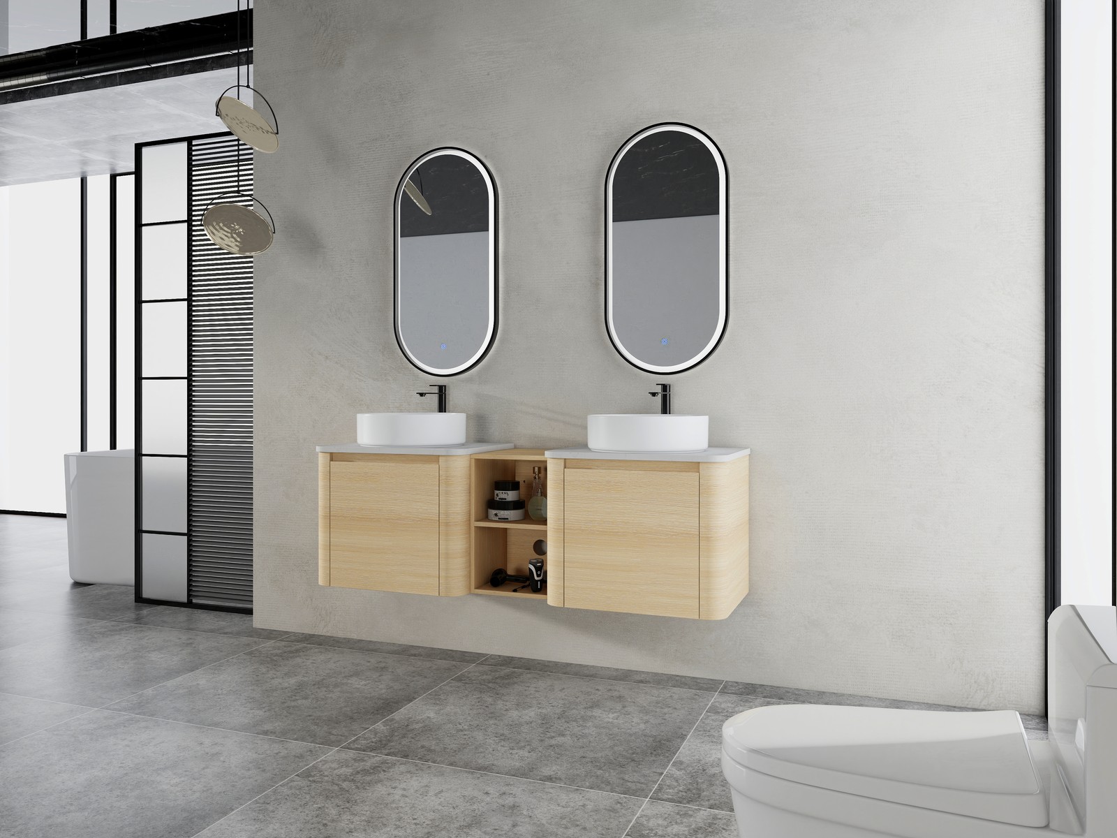 60 in Floating Bathroom Vanity Cabinet 2x White Ceramic Sink Basin +Open Shelves
