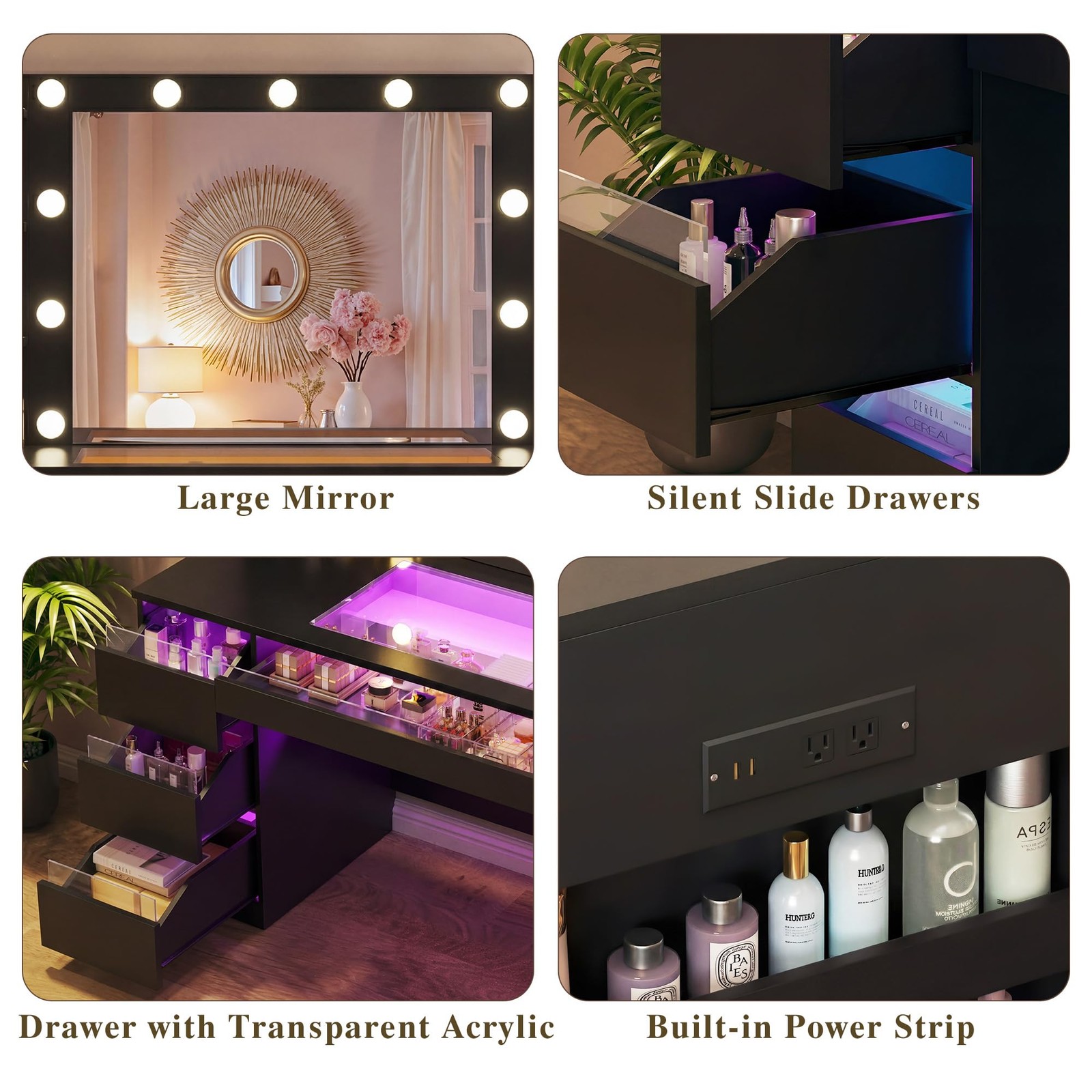 Vanity Desk Lighted Mirror Transparent Drawers RGB Power Outlet Storage Bedroom
